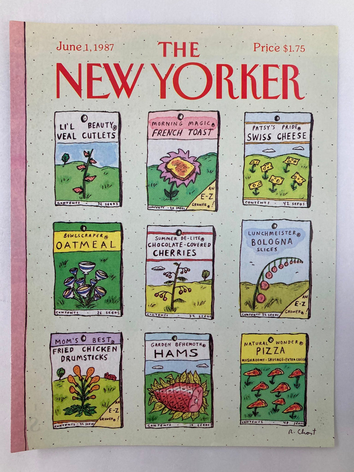 COVER ONLY The New Yorker June 1 1987 Pack of Seeds by Roz Chast, showcasing a vibrant cover art with seed packet illustrations such as oatmeal, chocolate-covered cherries, and bologna slices.