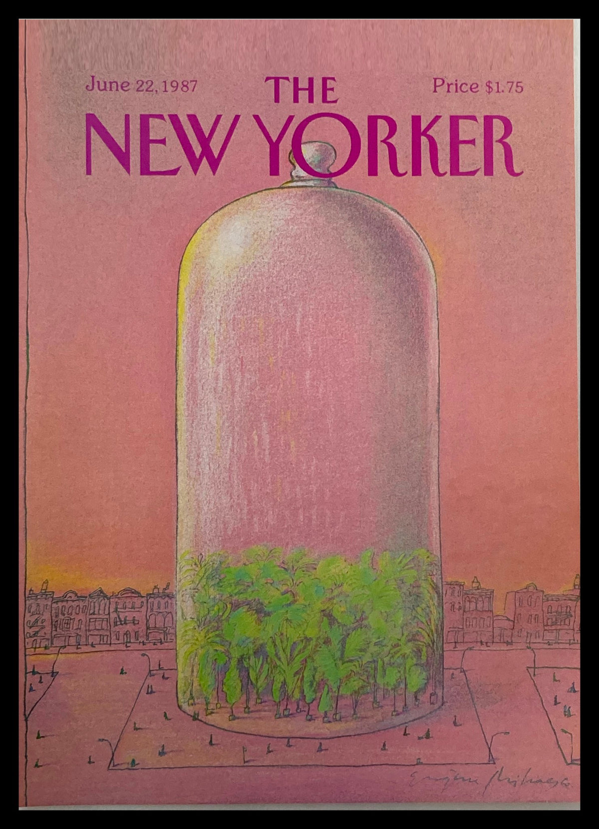 The New Yorker June 22, 1987 Glass Cover by Eugene Mihaesco, showcasing a vibrant design featuring a cloche over greenery against a pink background.