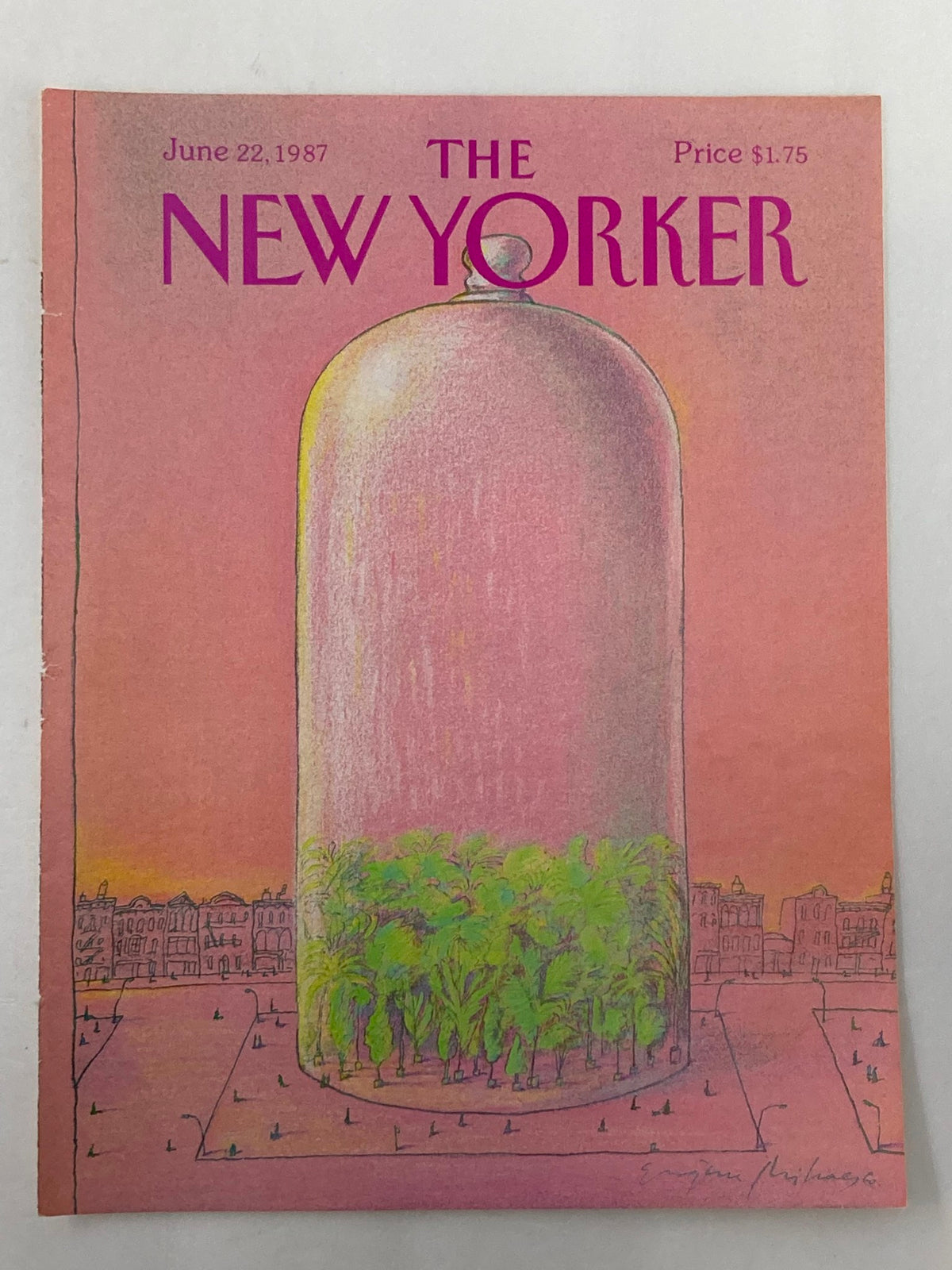 The New Yorker June 22, 1987 Glass Cover by Eugene Mihaesco, depicting a whimsical illustration of a glass dome containing lush plants, set against a pastel-colored sky.