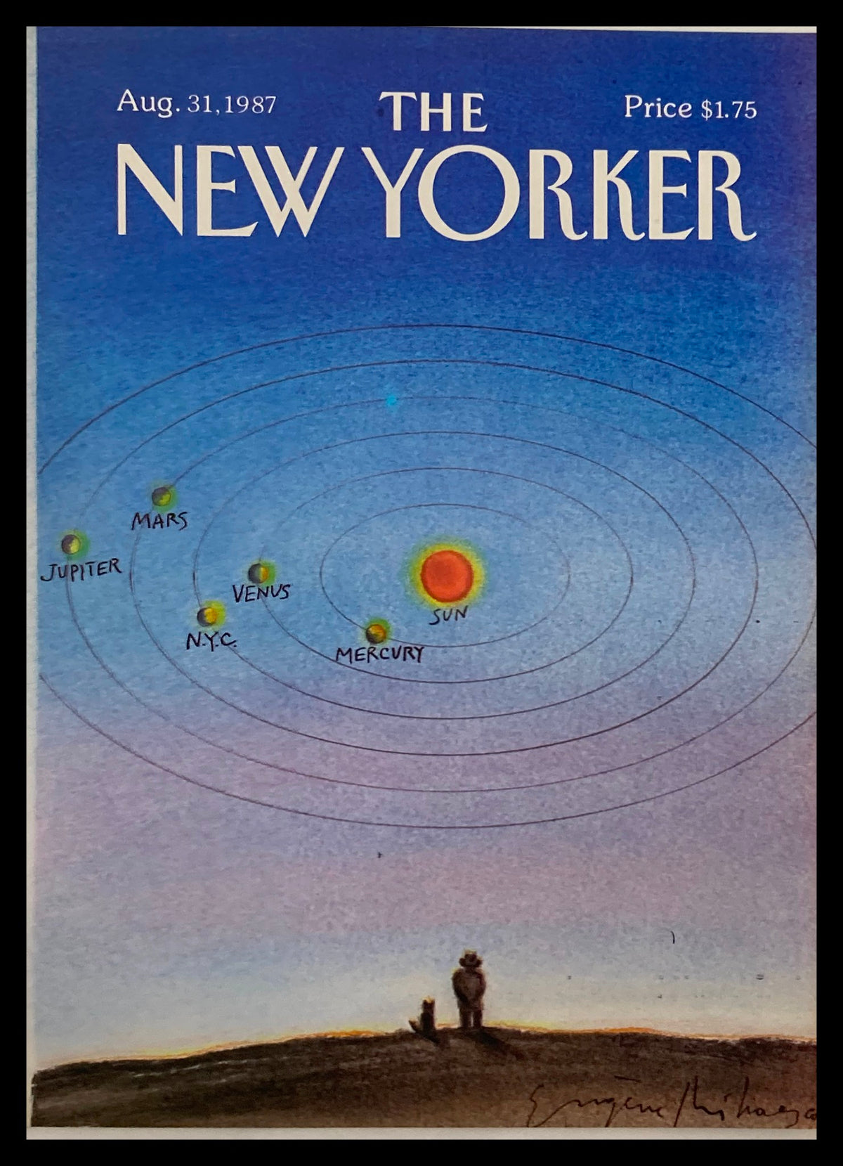 The New Yorker Cover August 31 1987 Solar System by E. Mihaesco, depicting a whimsical illustration of the solar system with planets and a vibrant sunset sky.