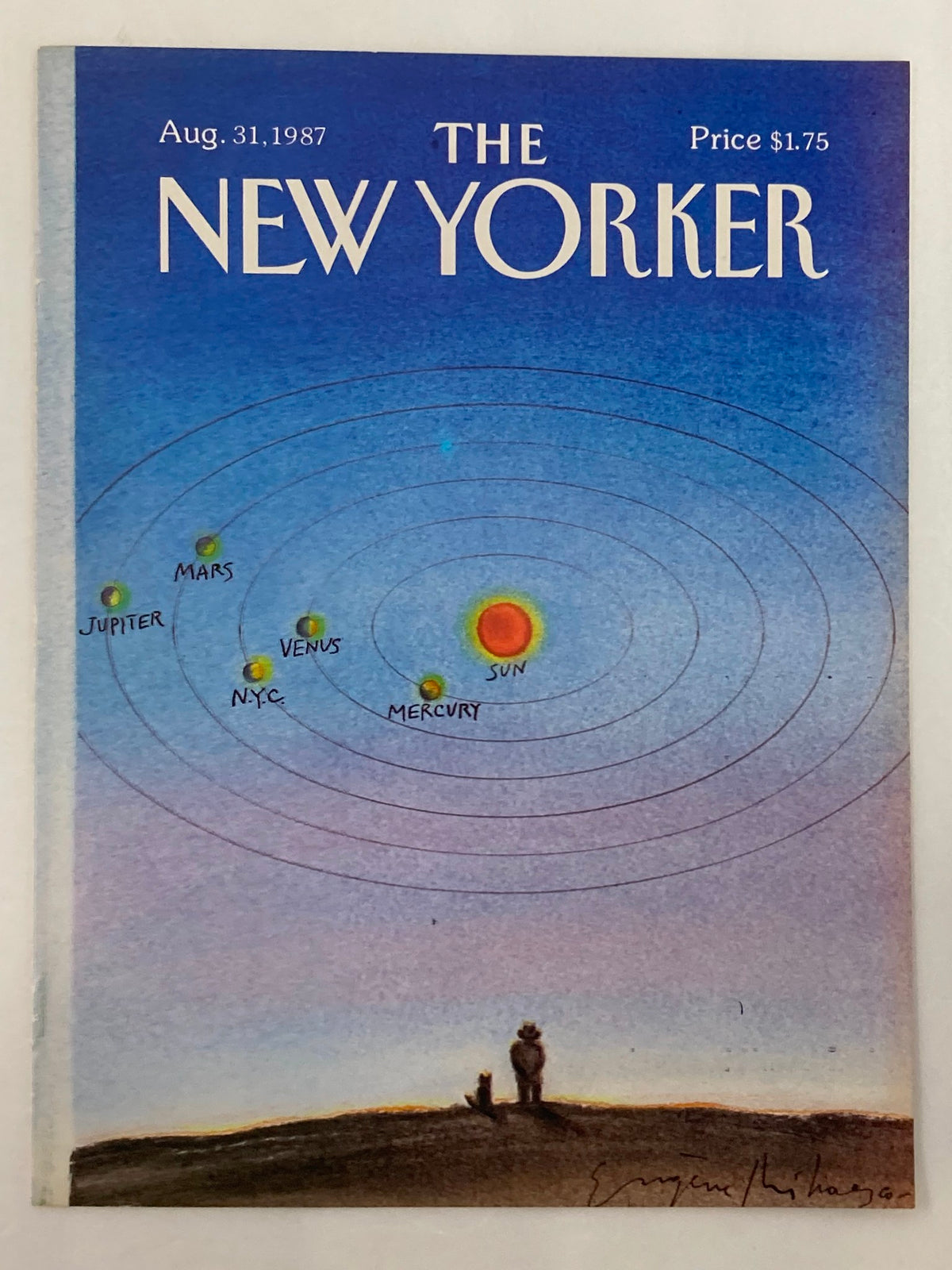 The New Yorker Cover August 31 1987 Solar System by E. Mihaesco, featuring a colorful depiction of the solar system with the sun and various planets, ideal for collectors.