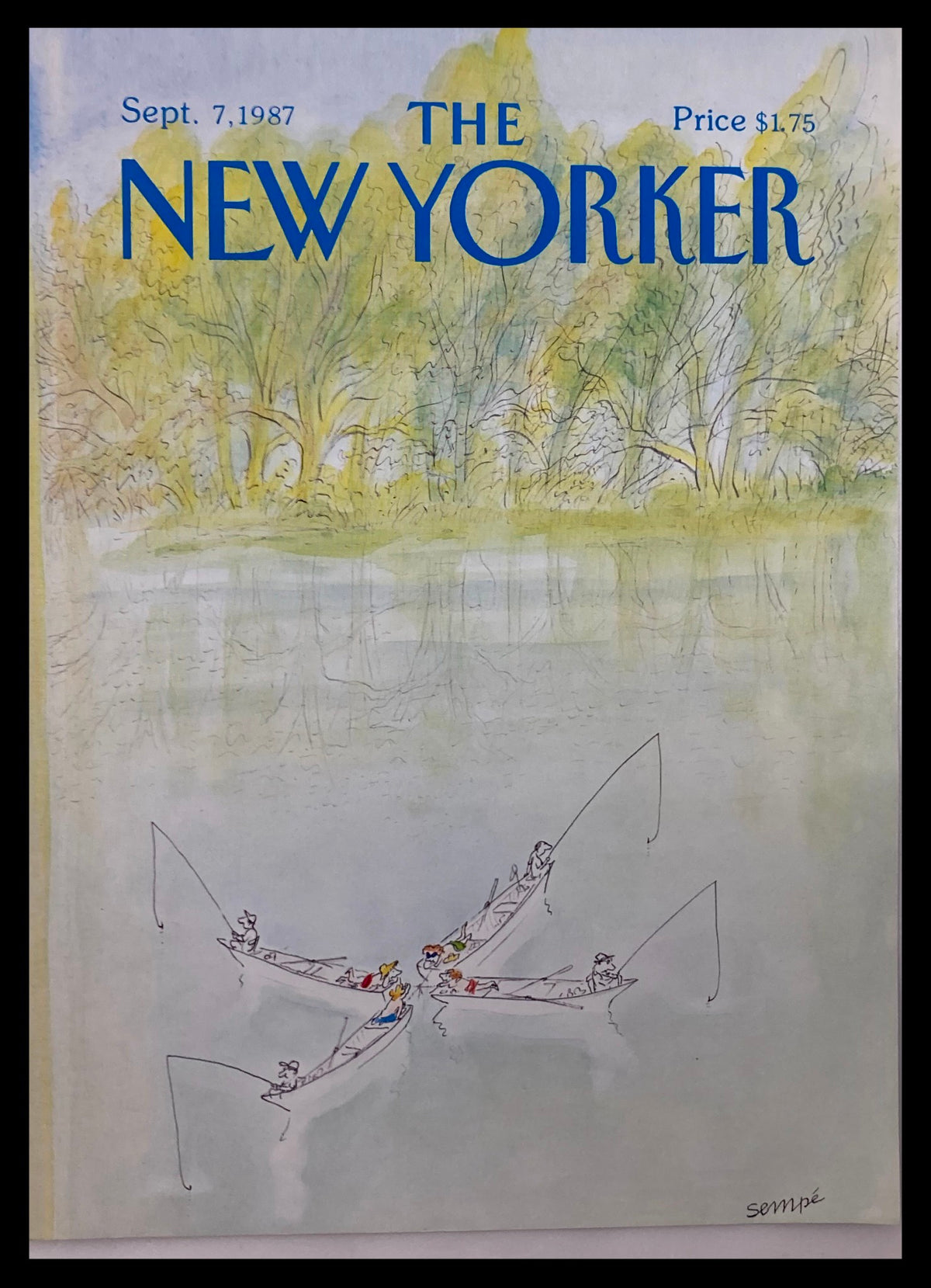 Cover of The New Yorker dated September 7, 1987, titled 'Fishing Party' by J.J. Sempé, depicting leisurely fishing boats on a serene water backdrop.