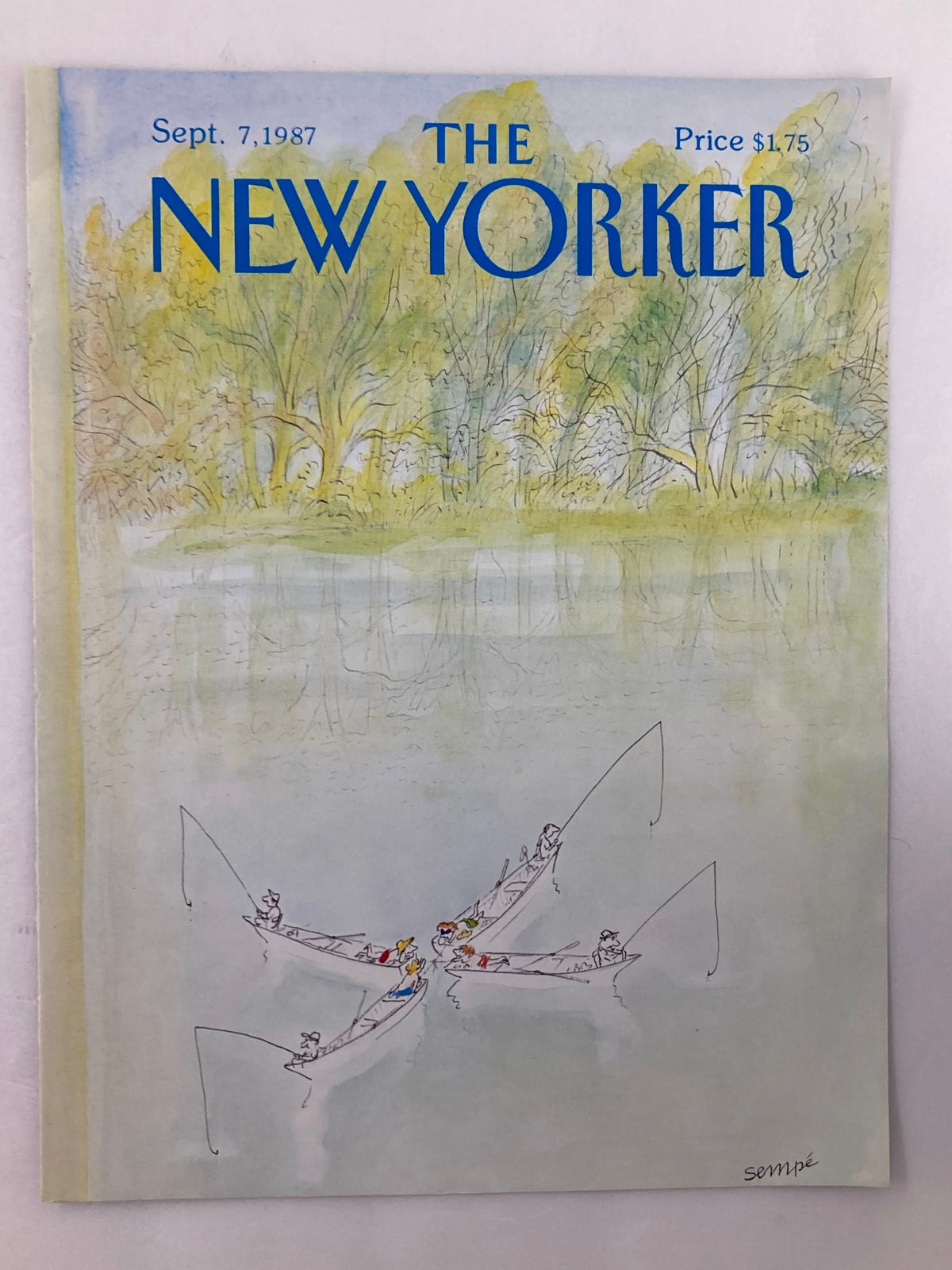 Cover of The New Yorker from September 7, 1987, featuring 'Fishing Party' by J.J. Sempé, illustrating a charming scene of anglers in boats surrounded by lush greenery.