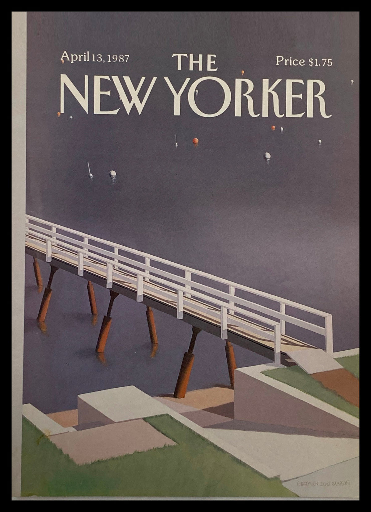 Cover of The New Yorker dated April 13, 1987, featuring the illustration 'Foot Bridge' by Gretchen Simpson, showcasing a serene landscape with a wooden bridge over a water body.