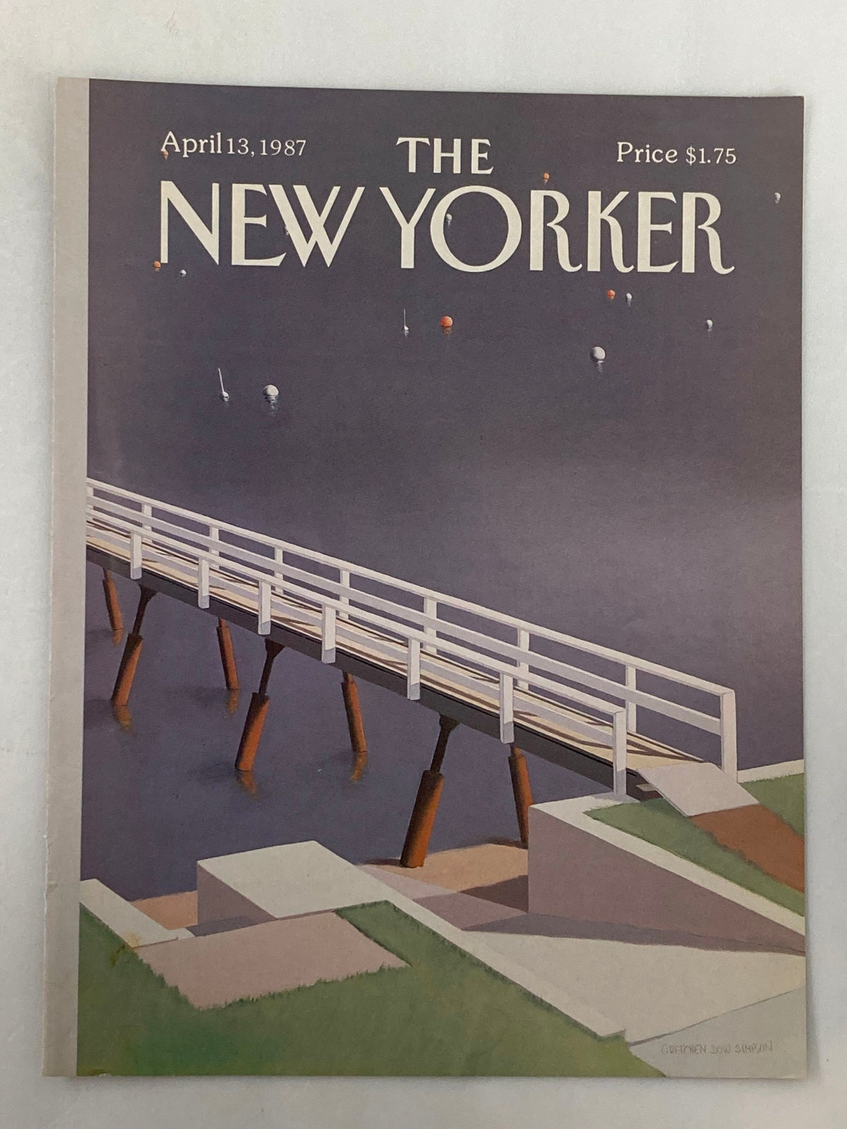 Cover of The New Yorker dated April 13, 1987, displaying the artwork 'Foot Bridge' by Gretchen Simpson, depicting a tranquil scene with a bridge and soft colors.