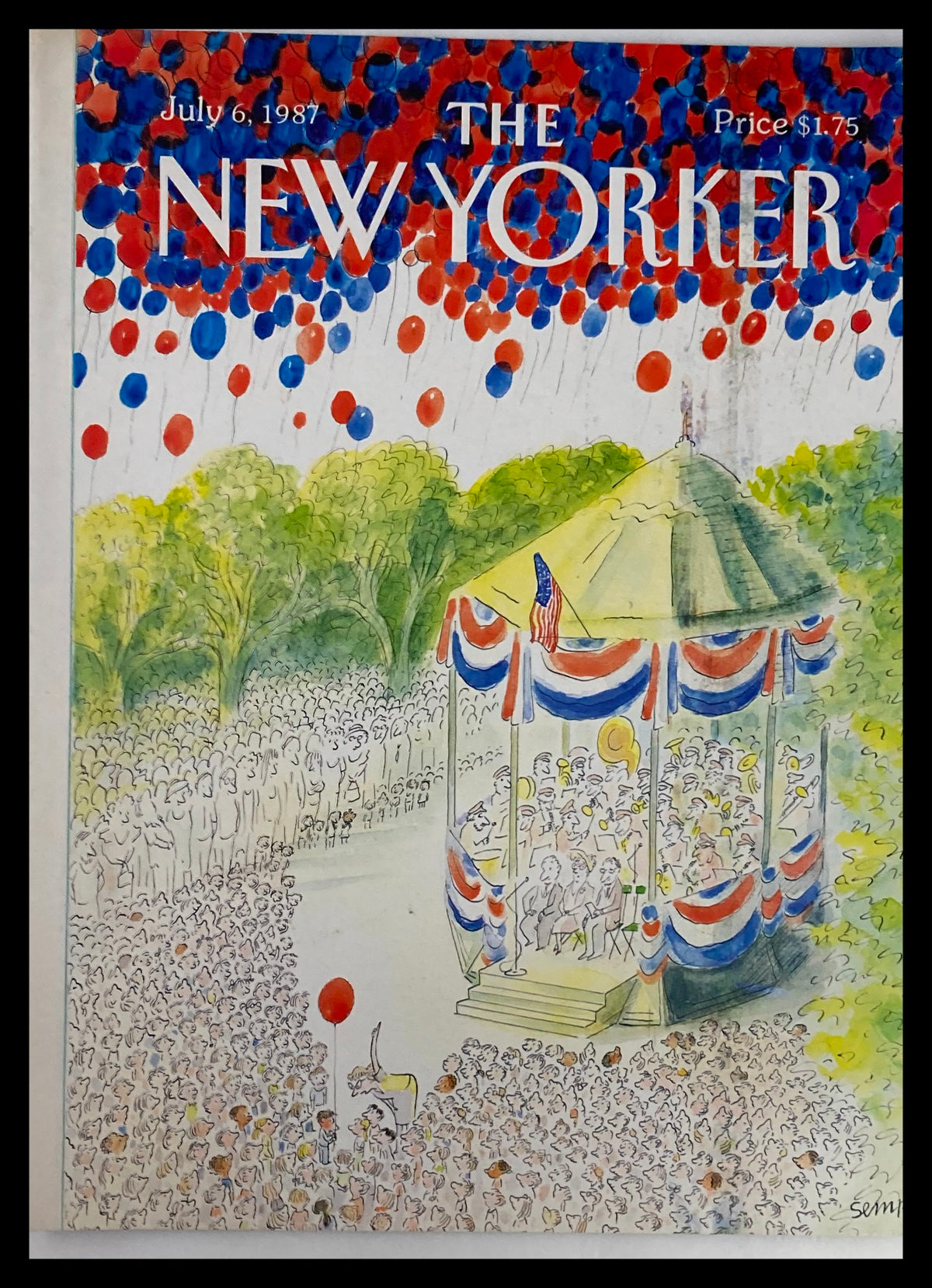 Cover of The New Yorker dated July 6, 1987, featuring a red balloon amidst a festive crowd under colorful balloons, illustrated by J. J. Sempé.