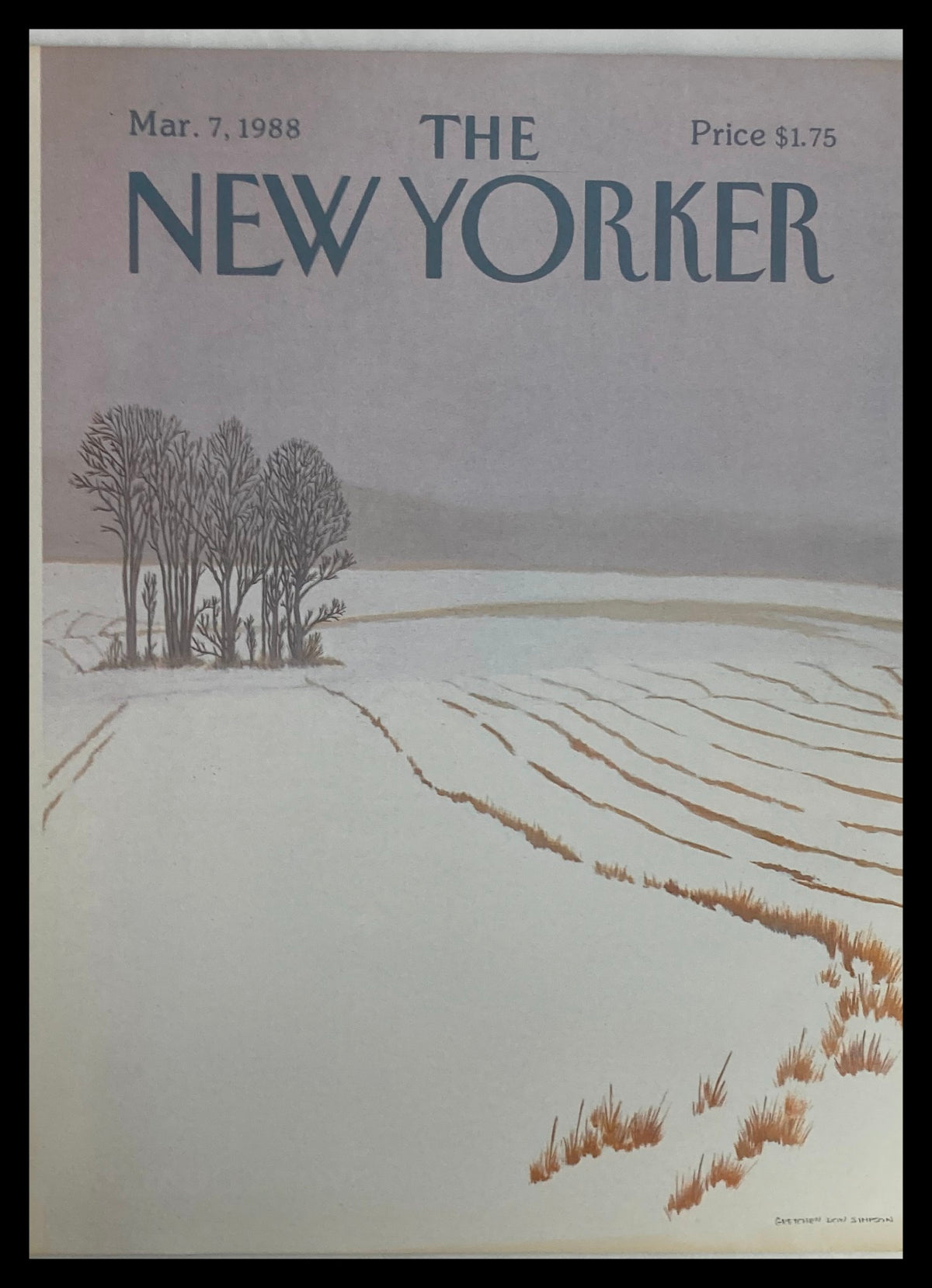 COVER ONLY The New Yorker March 7, 1988, featuring a serene winter scene illustrated by Gretchen Dow Simpson, showcasing snow-covered fields and bare trees, perfect for art collectors and fans of The New Yorker.