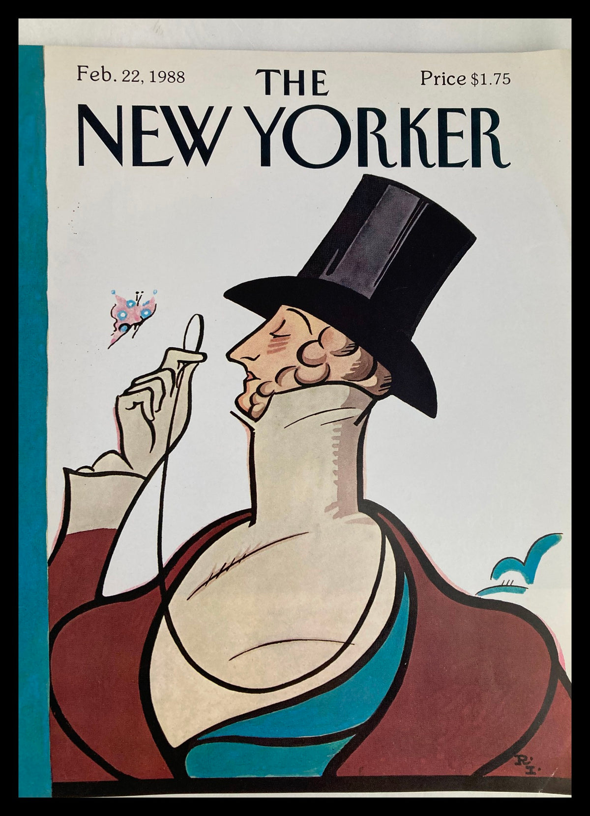 Cover of The New Yorker dated February 22, 1988, featuring Mr. Tilley artwork by Ira Levin, showcasing a stylish character with a top hat.