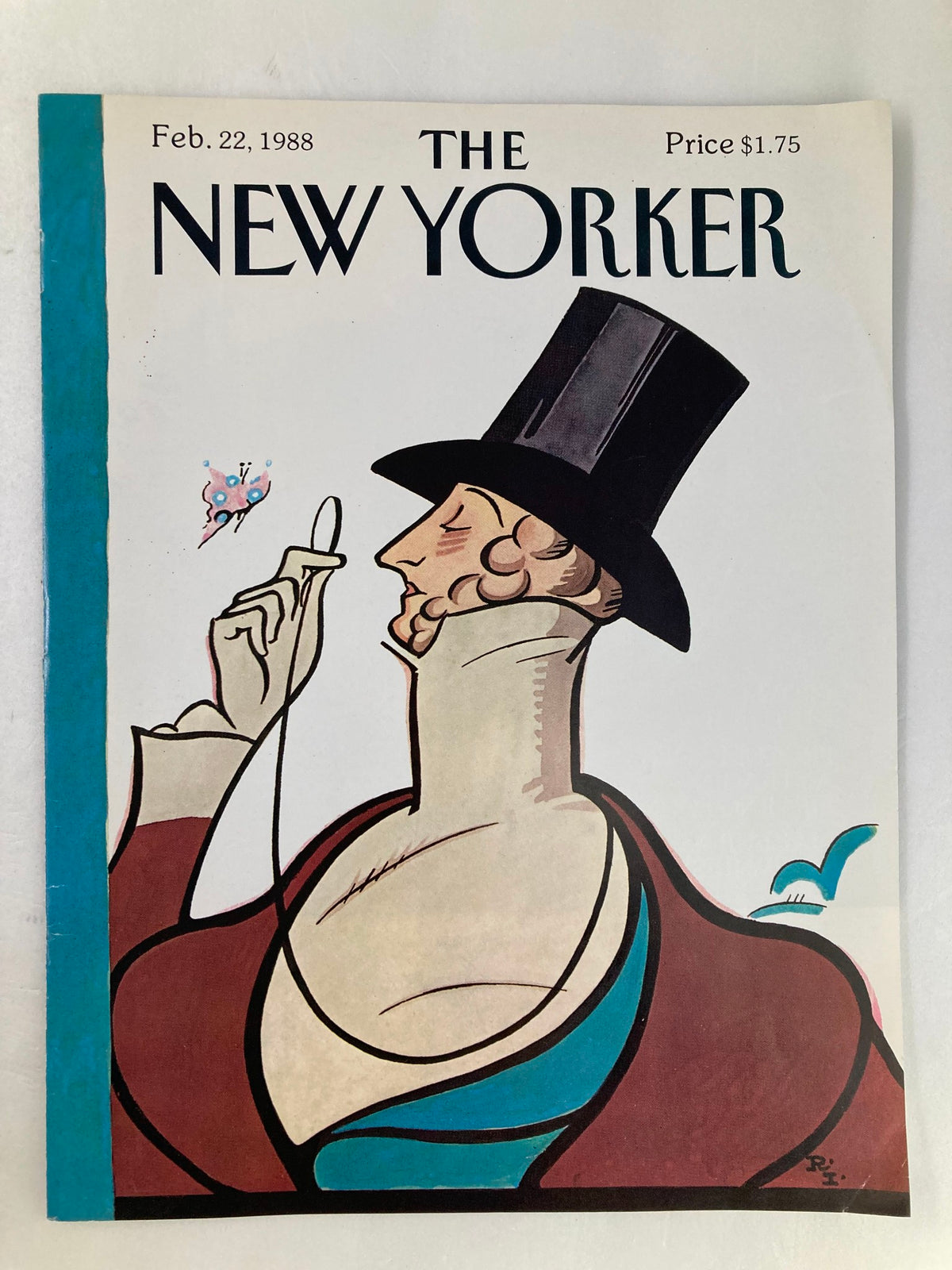 Close-up view of The New Yorker cover from February 22, 1988, highlighting Mr. Tilley by Ira Levin, with a charming illustration and vibrant colors.