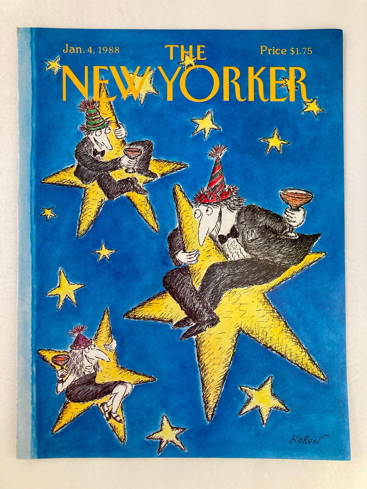 COVER ONLY The New Yorker January 4 1988 Star Party by Edward Koren, depicting colorful party-goers on stars, adding a whimsical touch to any art collection.