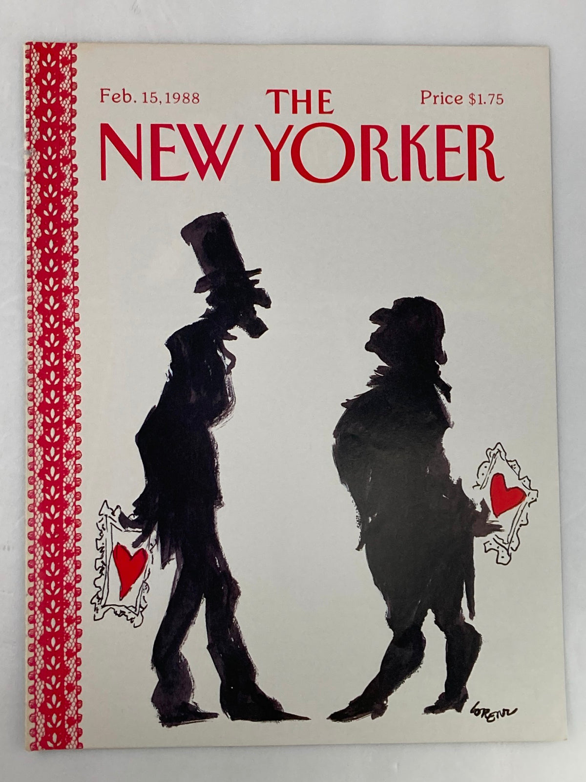 Cover of The New Yorker dated February 15, 1988, featuring an illustration titled 'Couple Hearts' by Lorens, showcasing two figures in silhouette, emphasizing themes of love and connection.