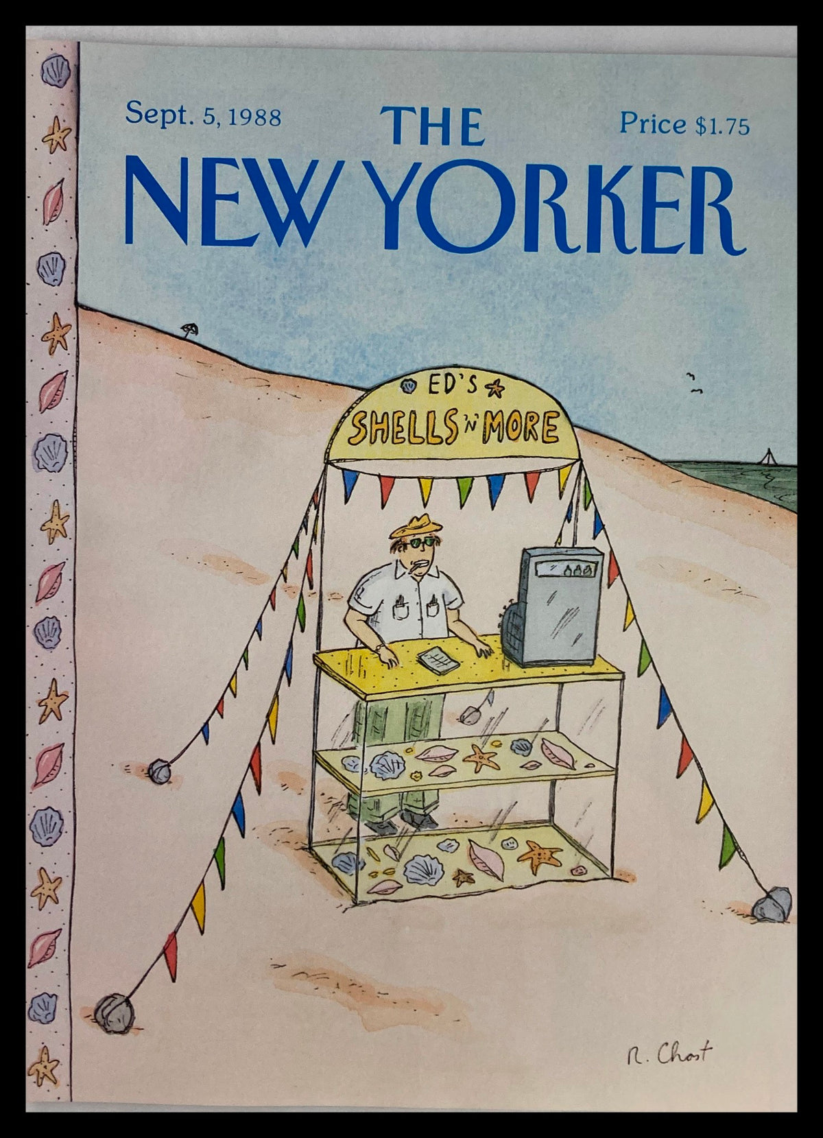 The New Yorker September 5 1988 Cover by R. Chast depicting a beach scene with a vendor stand named 'ED'S SHELLS n' MORE', featuring a cartoon character in a straw hat and colorful bunting.