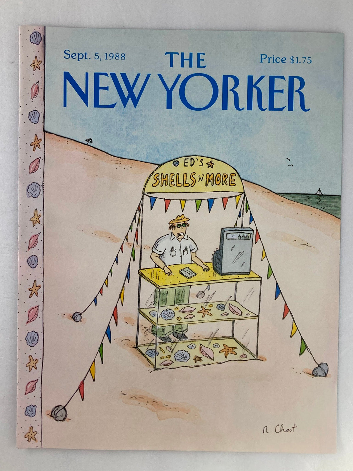 The New Yorker September 5 1988 Cover by R. Chast showcasing a whimsical beach setting with a vendor selling shells, illustrated in a vibrant cartoon style.