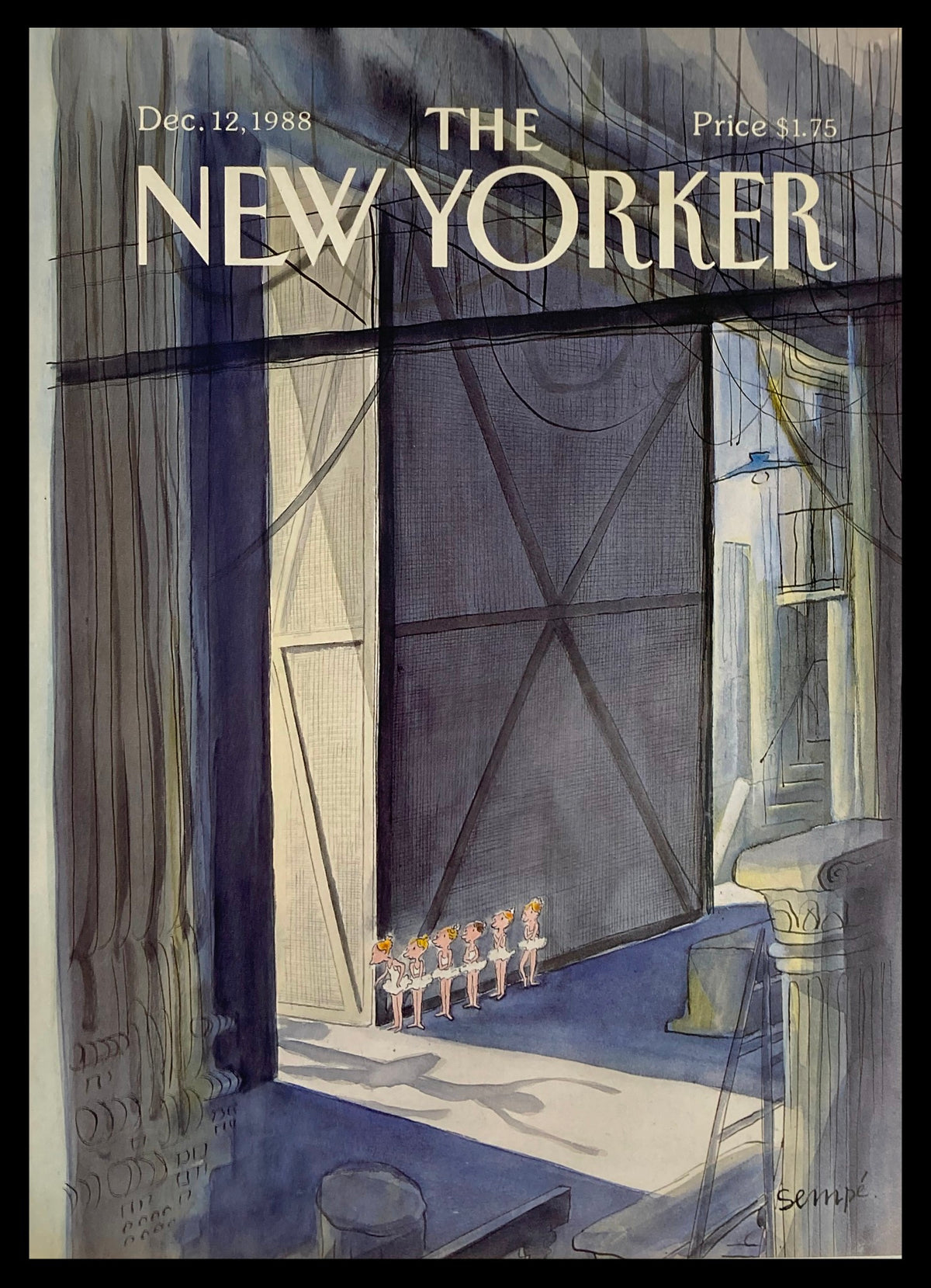 COVER ONLY The New Yorker December 12 1988 Stage Fright by J. J. Sempe. A whimsical magazine cover featuring a stage scene with six young dancers in white tutus, framed by dramatic curtains and architectural elements.
