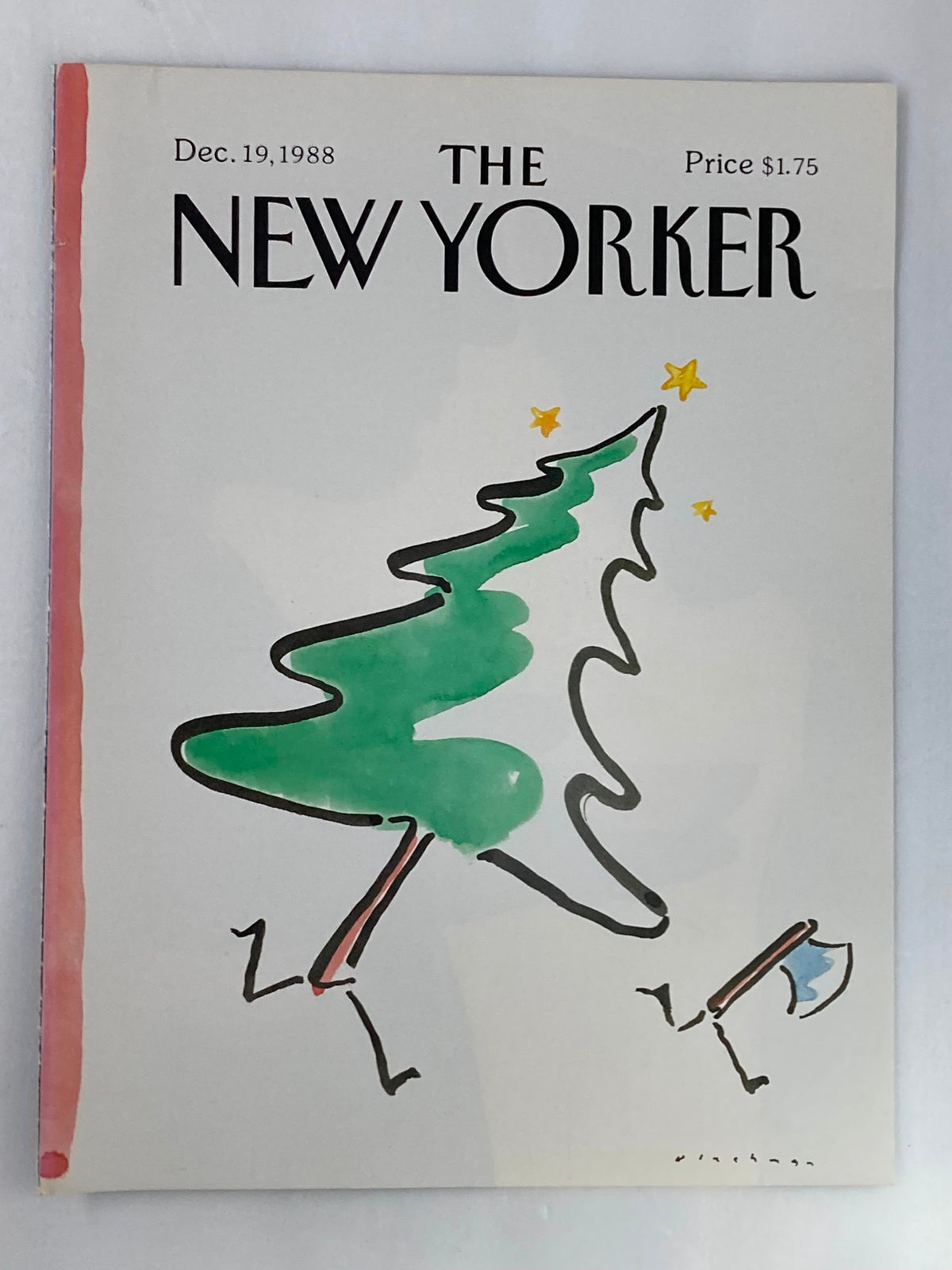 The New Yorker cover from December 19, 1988, showcasing a playful depiction of a tree chase ax by illustrator Edward Blechman, ideal for art lovers and magazine enthusiasts.