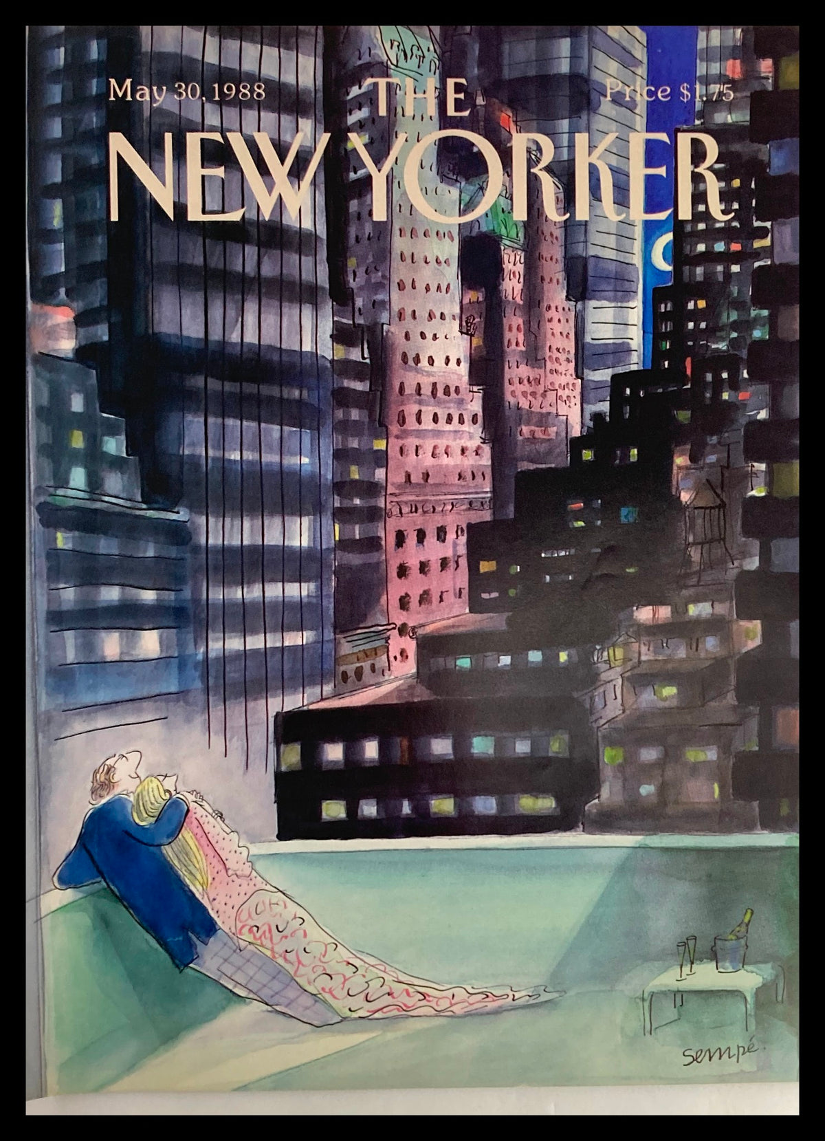 COVER ONLY The New Yorker May 30 1988 Moonlight by J. J. Sempe - An artistic depiction of a couple enjoying a serene moment under the moonlight, set against a backdrop of a vibrant New York City skyline.