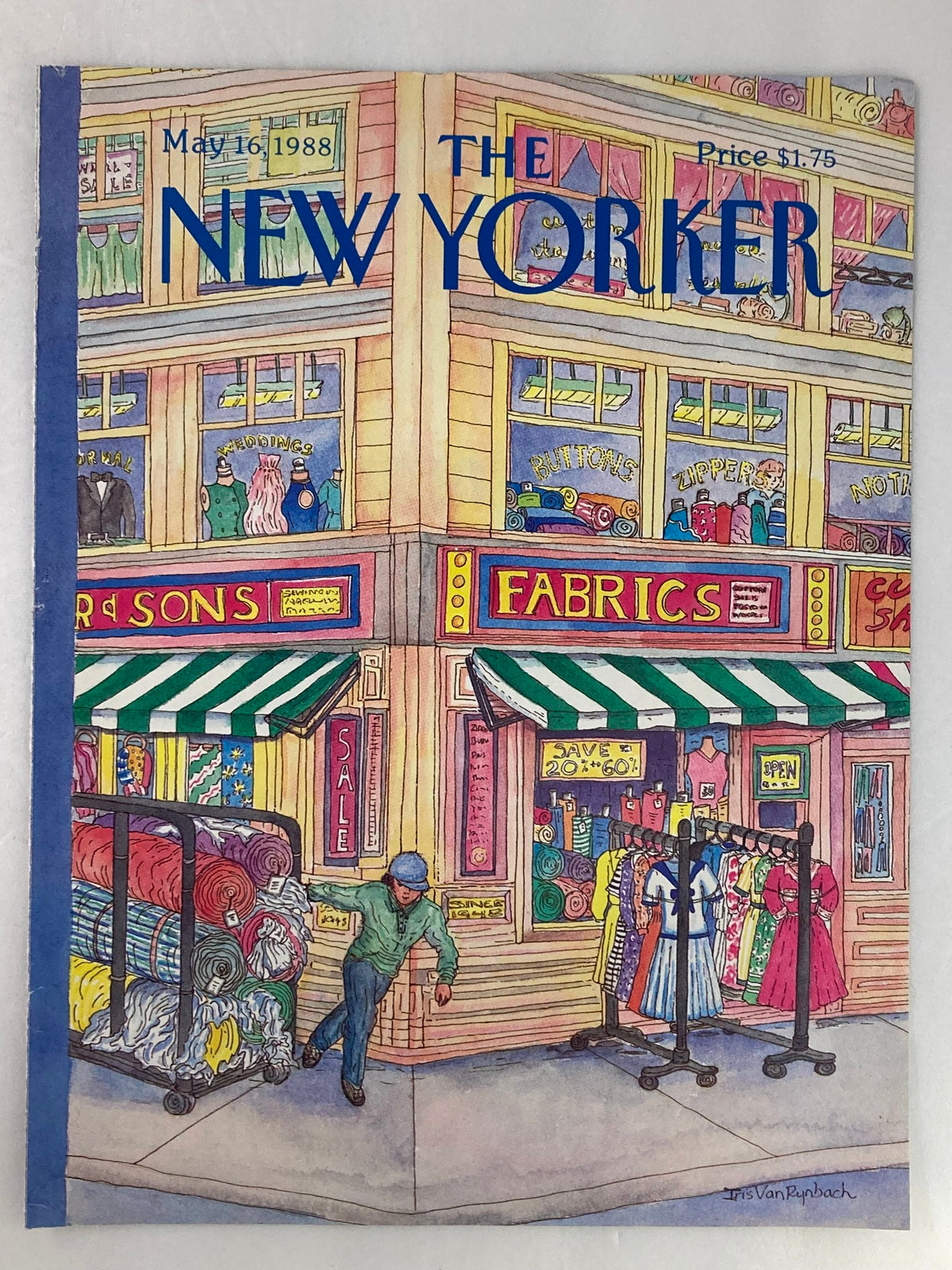 Cover of The New Yorker May 16 1988 Fabrics by Iris Van Rynbach, depicting a lively fabric shop with bright colors and a man shopping, ideal for art and magazine collectors.