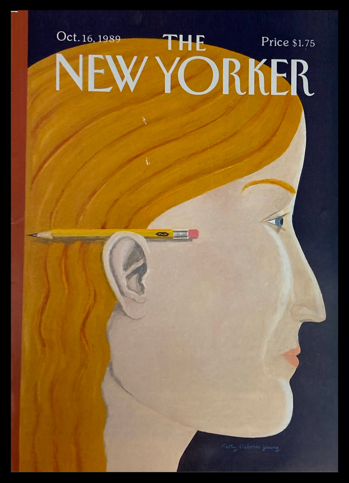 COVER ONLY The New Yorker October 16 1989 featuring an artistic illustration titled 'Thinking' by Kathy O. Young, depicting a profile of a woman with a pencil behind her ear, reflecting creativity and thought.