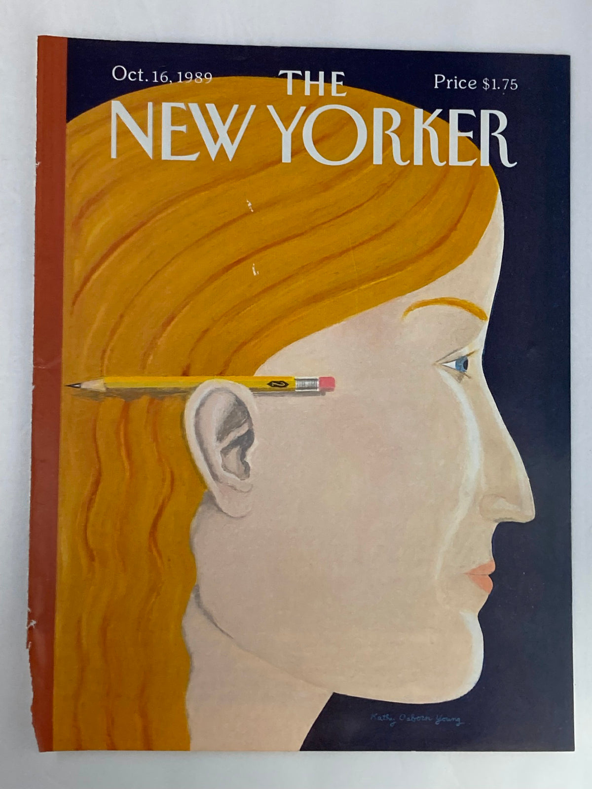COVER ONLY The New Yorker October 16 1989 featuring the illustration 'Thinking' by Kathy O. Young, showcasing a profile view of a woman with orange hair and a pencil.