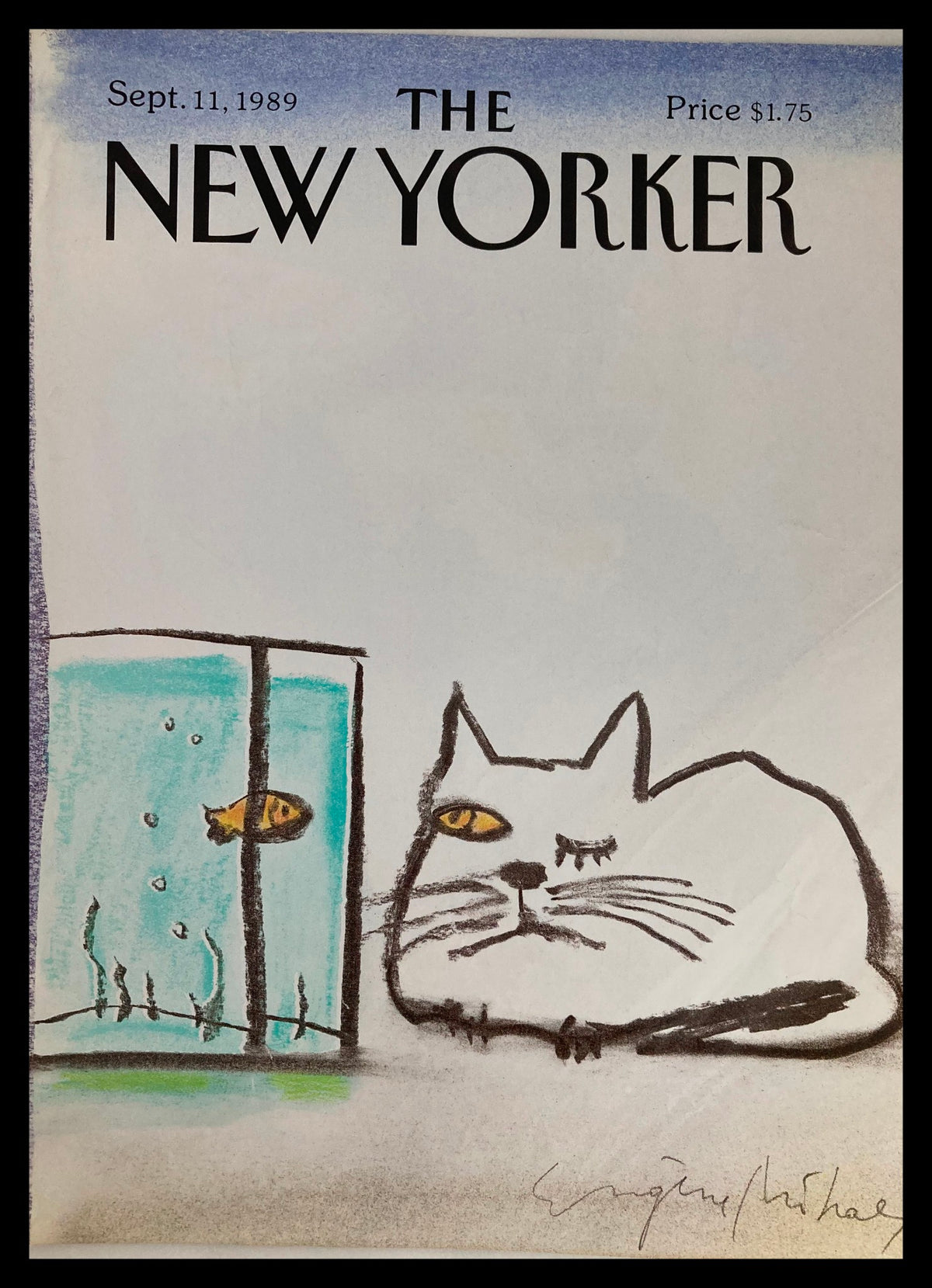 Cover of The New Yorker, September 11, 1989, featuring a whimsical illustration of a cat and a fishbowl by artist Eugene Mihaesco.