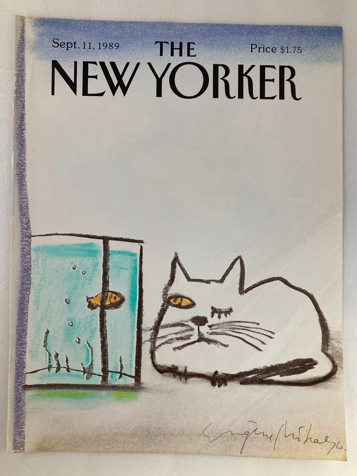 Cover of The New Yorker, September 11, 1989, showcasing a playful drawing of a cat eyeing a fish in a bowl, created by Eugene Mihaesco.