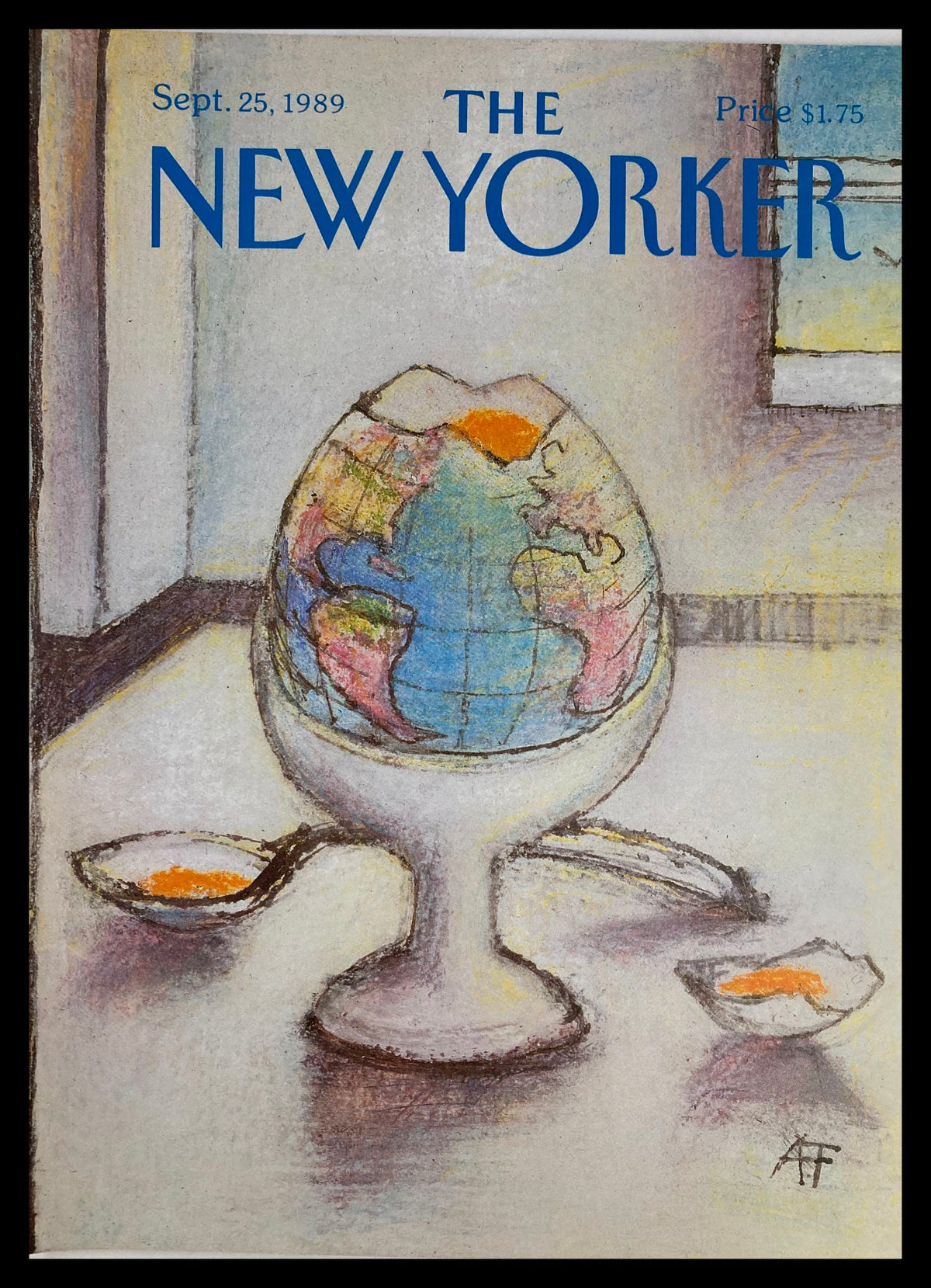 COVER ONLY The New Yorker September 25 1989 featuring artwork 'Egg Half' by André Françoise, showcasing a globe inside an egg cup with orange yolk, reflecting unique late 80s design.