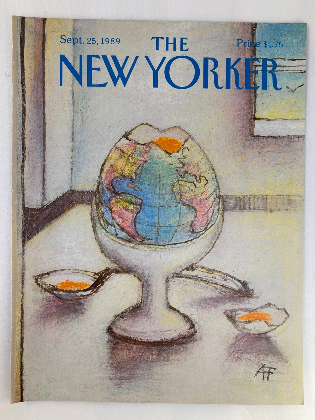 COVER ONLY The New Yorker September 25 1989 featuring artwork titled 'Egg Half' by André Françoise, depicting a globe in an egg cup with cracked eggshells. Ideal for collectors and art enthusiasts.