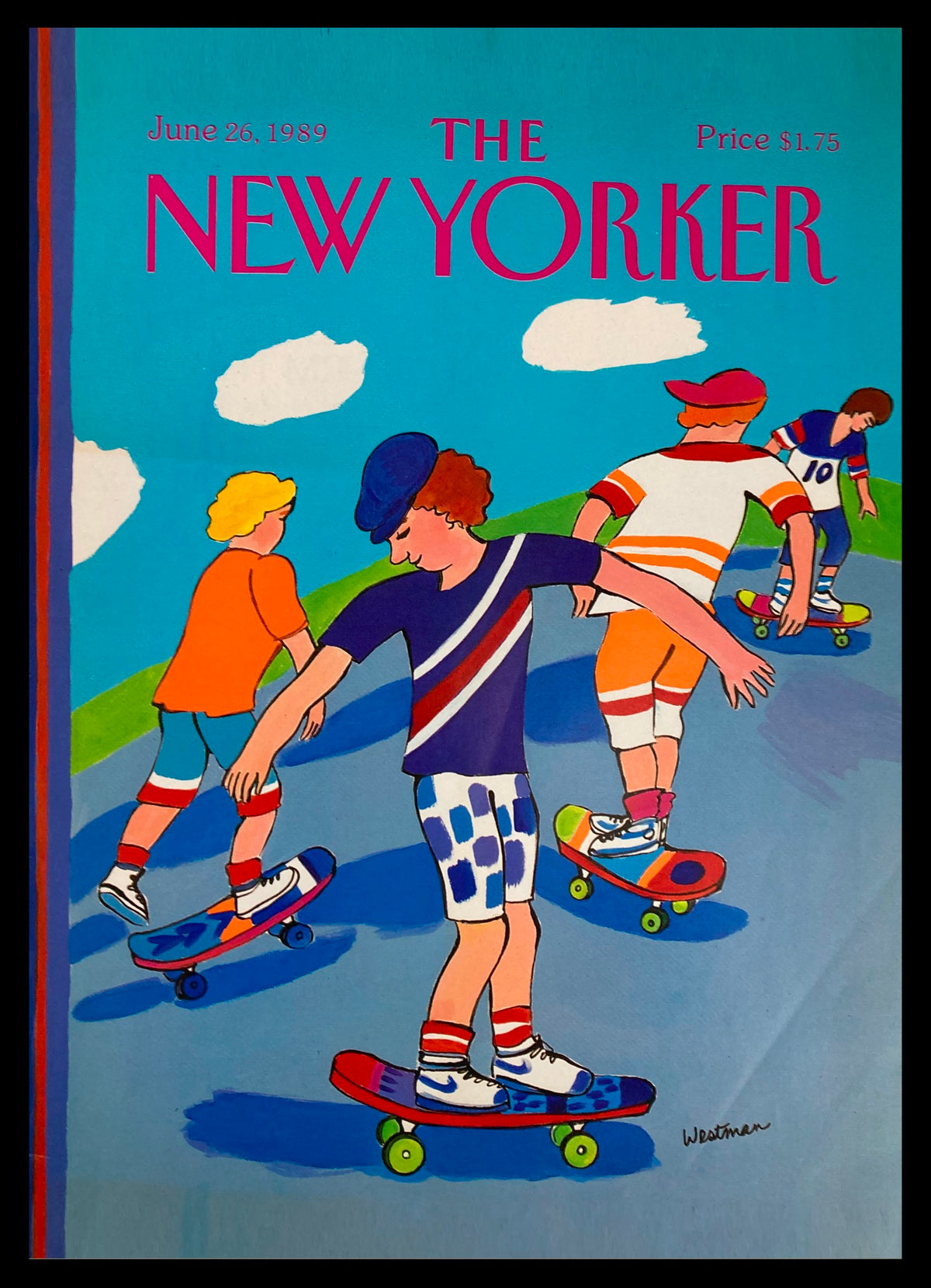 COVER ONLY The New Yorker June 26, 1989 Skateboarding by Westman showcasing a vibrant illustration of children skateboarding on a sunny day, capturing the essence of late 80s skate culture.