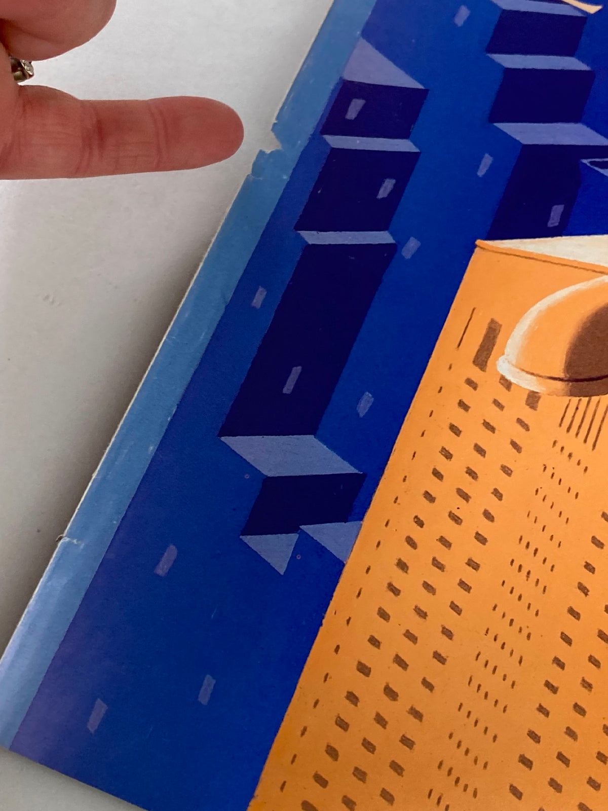 Close-up view of the COVER ONLY The New Yorker January 30 1989 Big Phone by Kathy Young, showing a detail of the artwork with minor visible rips, highlighting the cover's vintage charm.