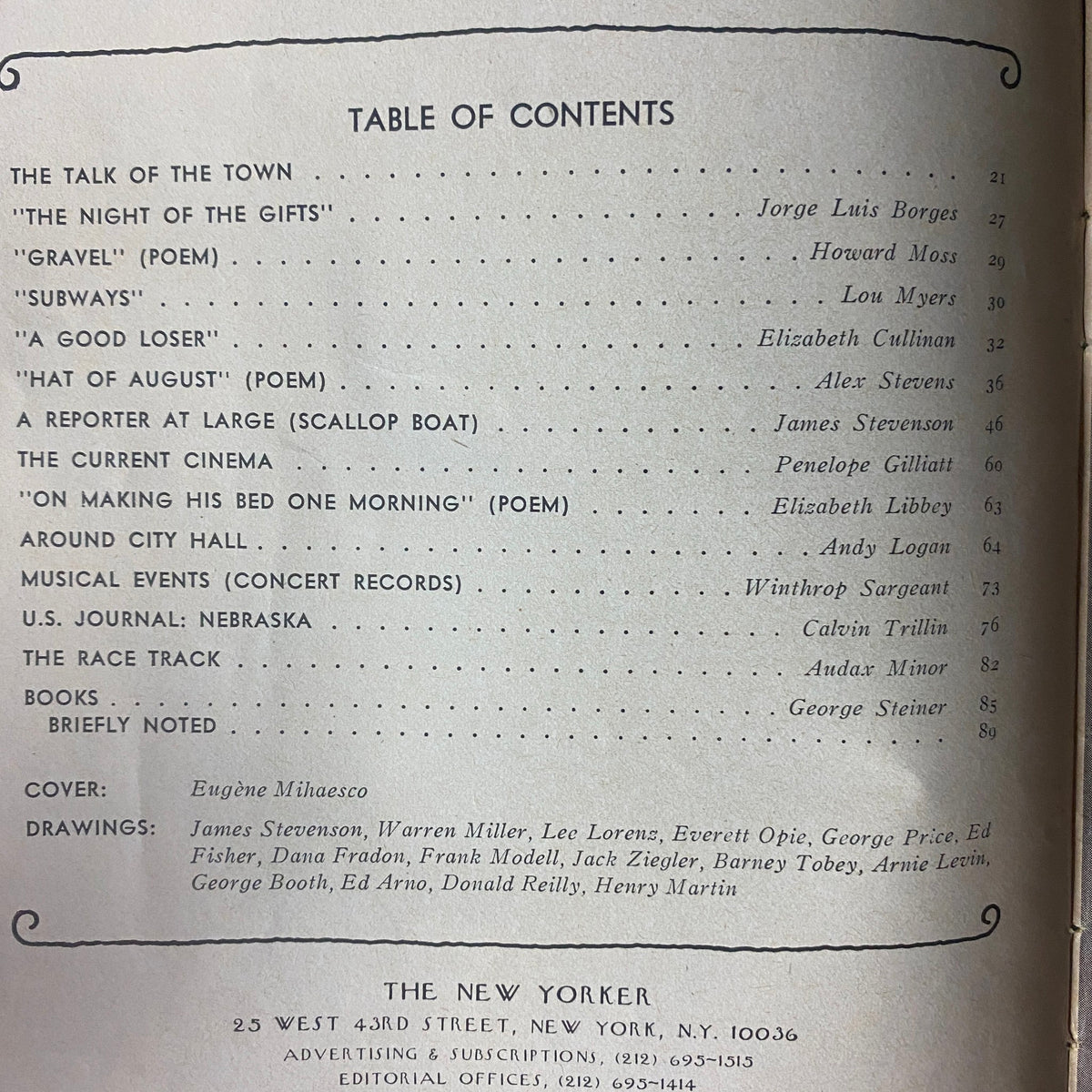 Table of contents from The New Yorker magazine, August 15, 1977, listing notable articles, poetry, and contributors including Jorge Luis Borges and Calvin Trillin.