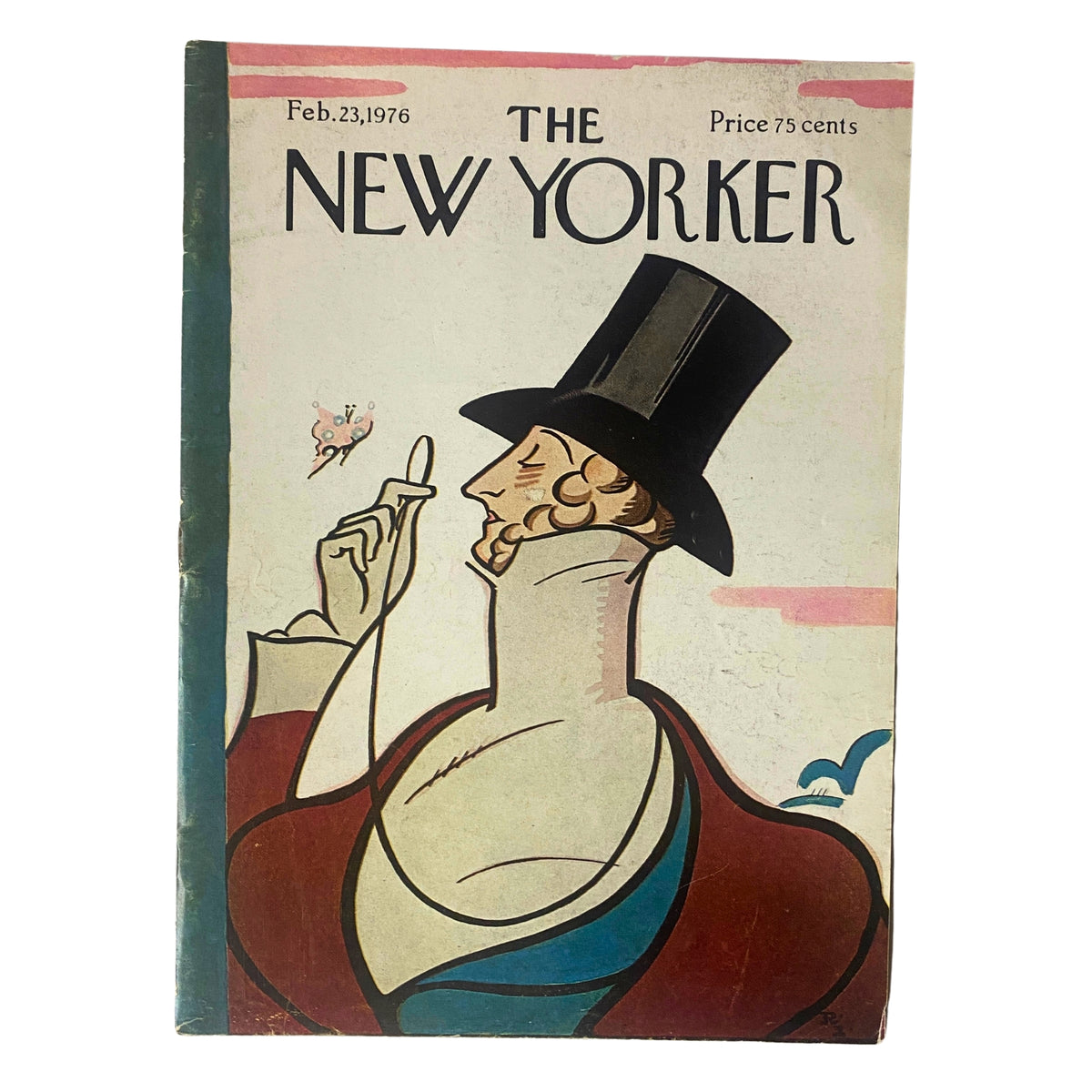 The New Yorker magazine cover dated February 23, 1976 featuring a whimsical illustration by Rea Irvin depicting a gentleman in a top hat, showcasing 1970s artistry.