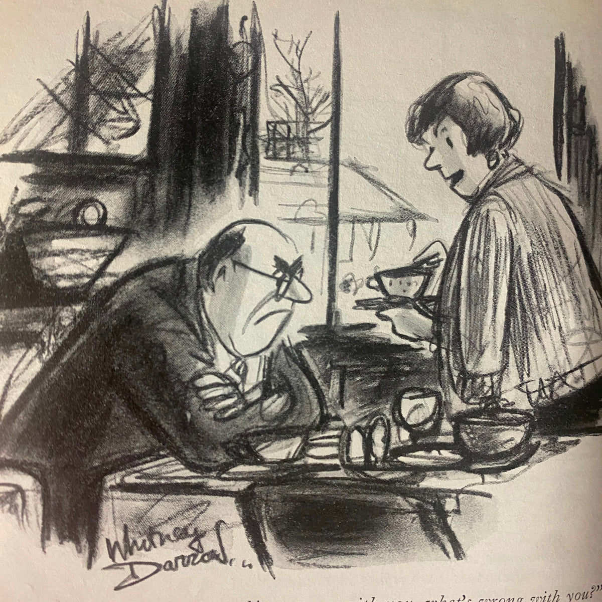 A humorous illustration by Whitney Darrow in The New Yorker, February 23, 1976, depicting a dialogue between two characters that reflects the magazine's witty commentary.