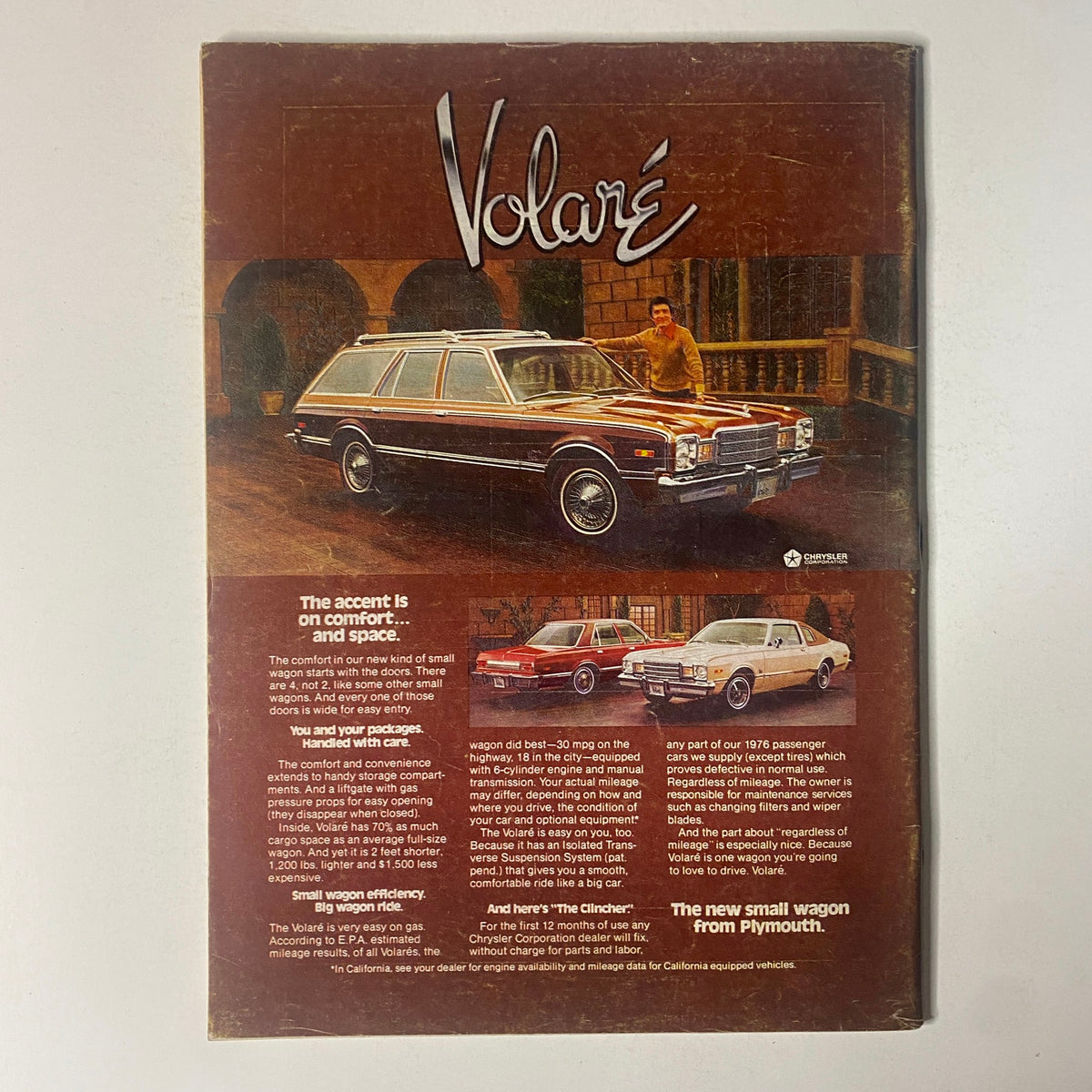 Back cover of The New Yorker magazine, February 23, 1976, featuring an advertisement for the Plymouth Volaré, illustrating vintage marketing design and automotive culture of the era.