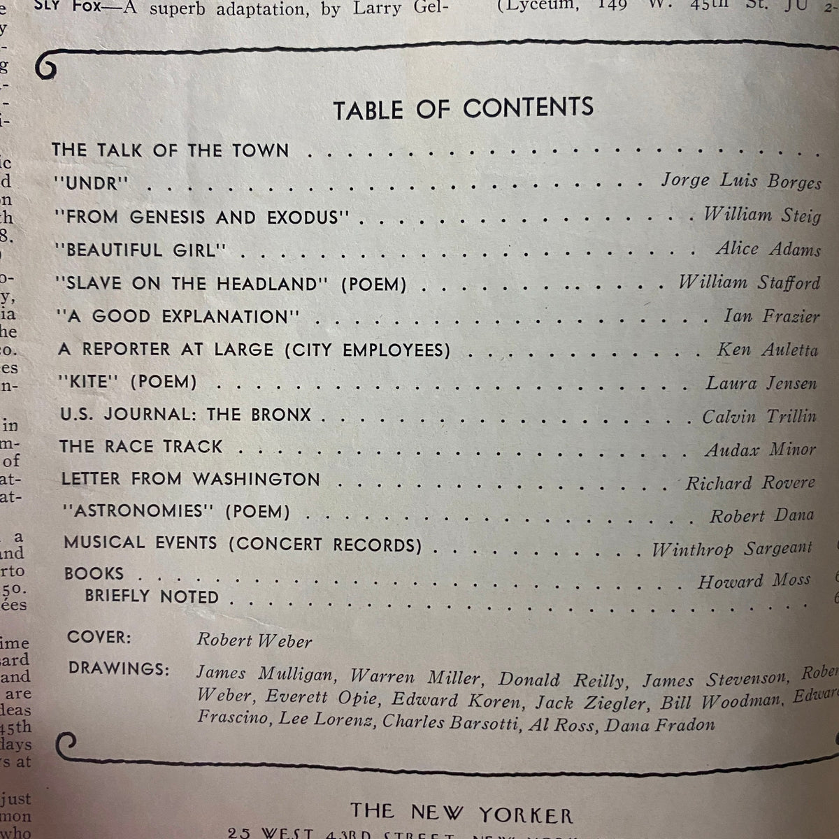 Table of Contents from The New Yorker Full Magazine August 1, 1977 listing contributions from authors like Jorge Luis Borges and Alice Adams.
