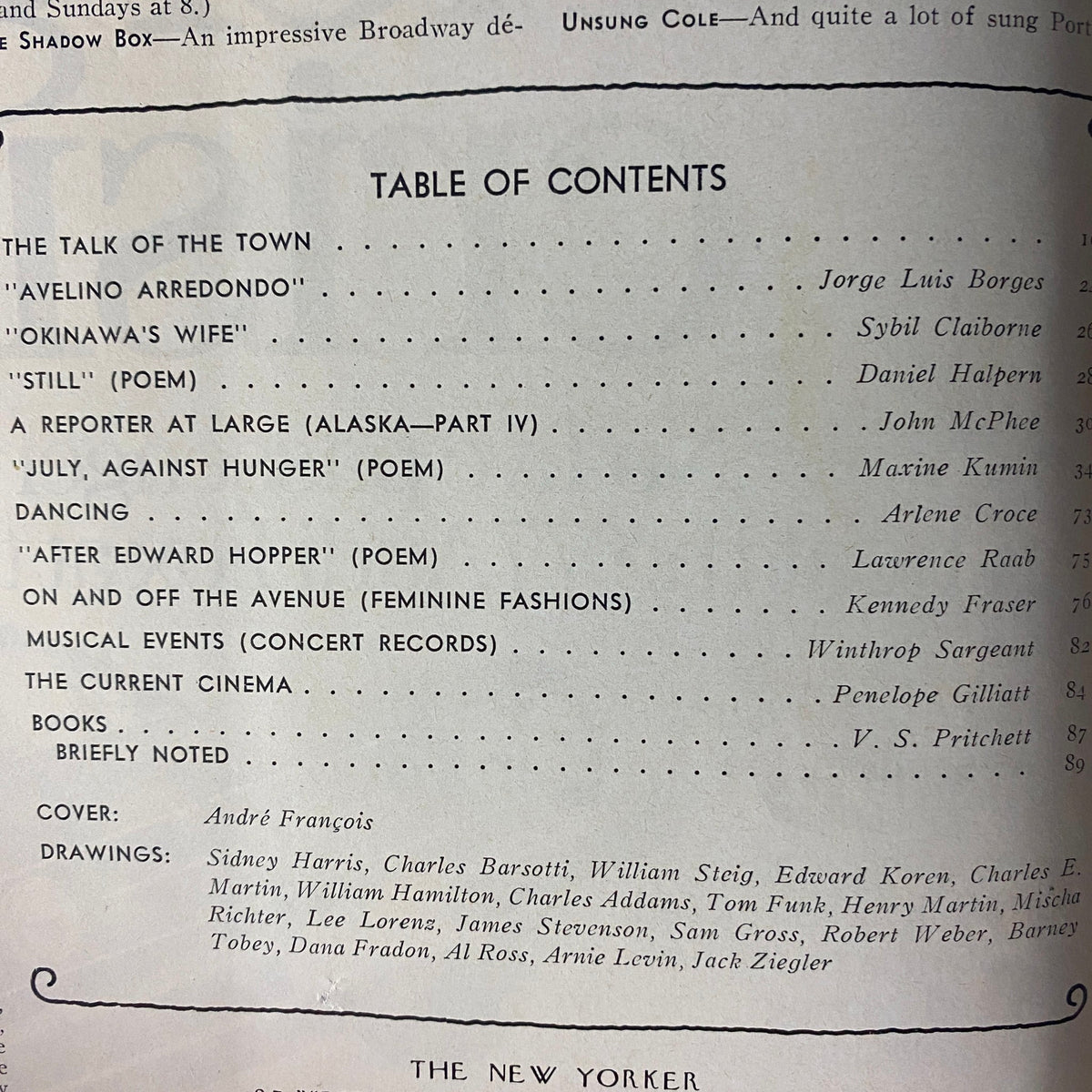 Table of Contents from The New Yorker Full Magazine July 11, 1977, listing notable contributions by Jorge Luis Borges and other authors, highlighting the magazine's literary offerings.