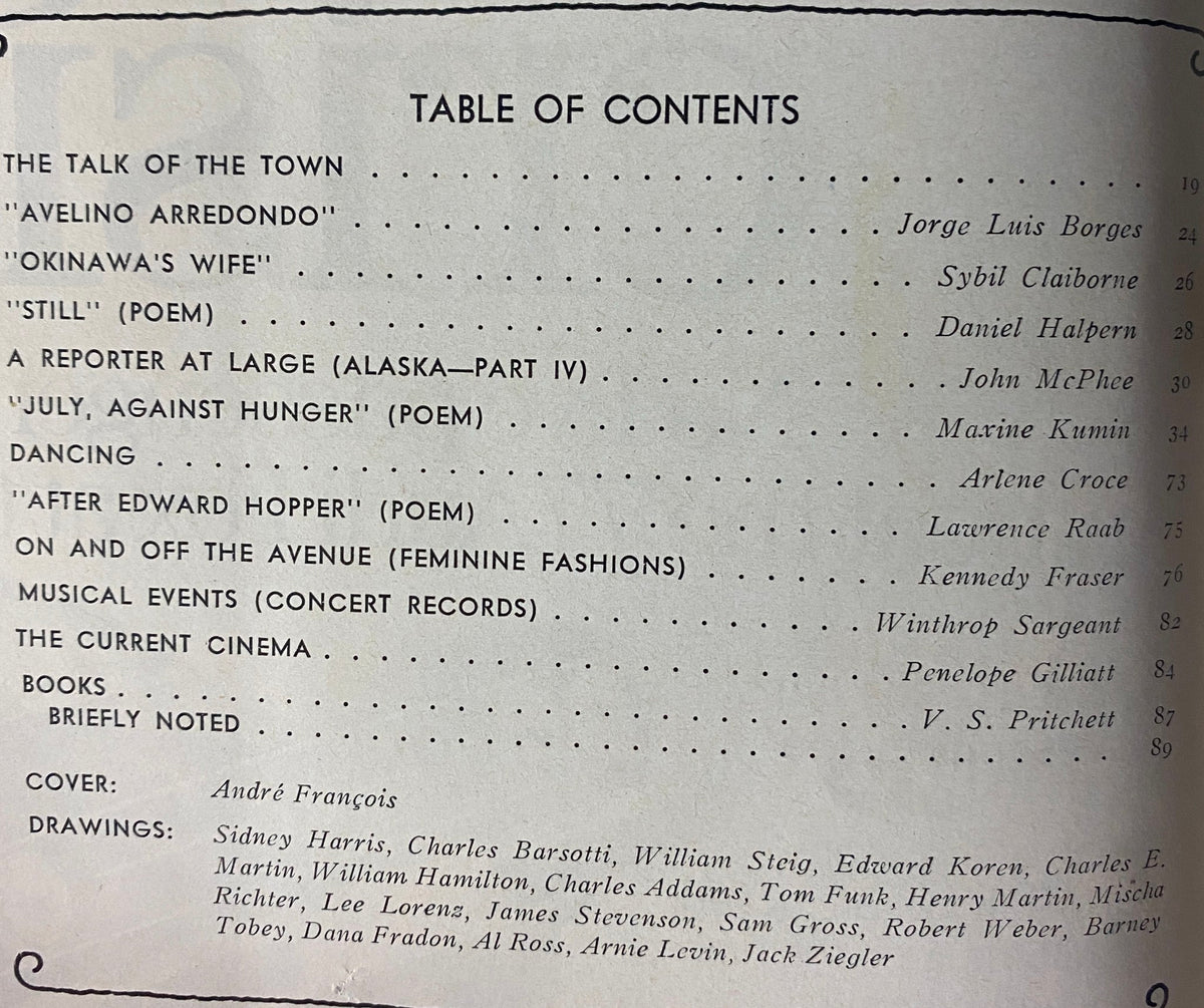 Table of contents from The New Yorker magazine, July 11, 1977, featuring notable works such as 'Avelino Arredondo' by Jorge Luis Borges and 'Okinawa's Wife' by Sybil Claiborne.