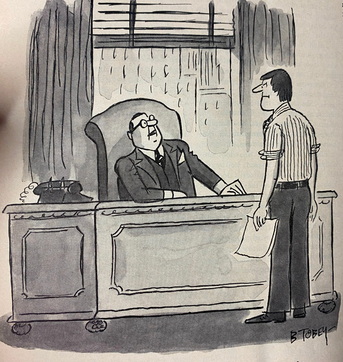 Illustration from The New Yorker magazine, July 11, 1977, depicting a humorous office scene with a man standing before a seated gentleman, captured in the unique style of artist B. Tobey.