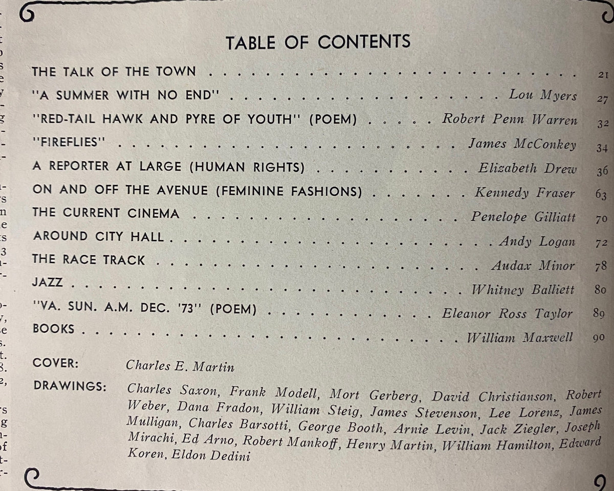 Table of Contents from The New Yorker Full Magazine July 18, 1977, featuring articles and illustrations by notable contributors.