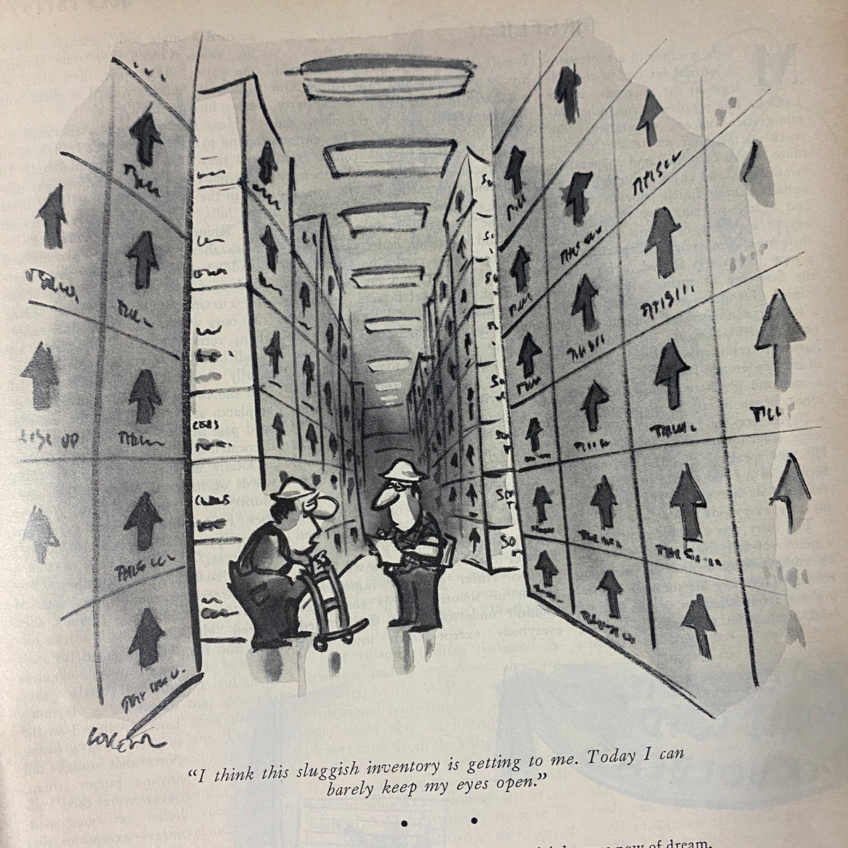 Cartoon illustration from The New Yorker Full Magazine July 18, 1977, depicting two men discussing sluggish inventory in a storage area.