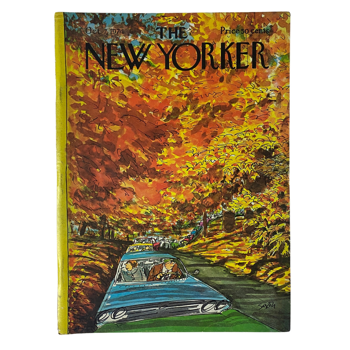 Cover of The New Yorker magazine dated October 7, 1974, featuring a vibrant illustration by Charles Saxon showcasing autumn foliage and cars on a scenic road.