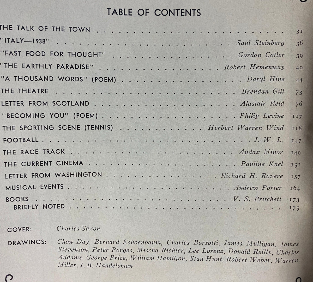 Table of Contents of The New Yorker magazine, October 7, 1974, listing articles including 'Italy—1938' by Saul Steinberg and 'Fast Food for Thought' by Gordon Cotler.