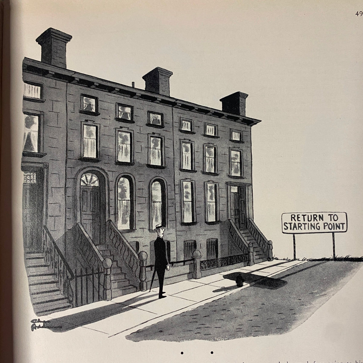 Illustration from The New Yorker magazine, October 7, 1974, featuring a monochrome scene of a man standing in front of row houses with a sign that reads 'RETURN TO STARTING POINT.' Cover art by Charles Saxon.