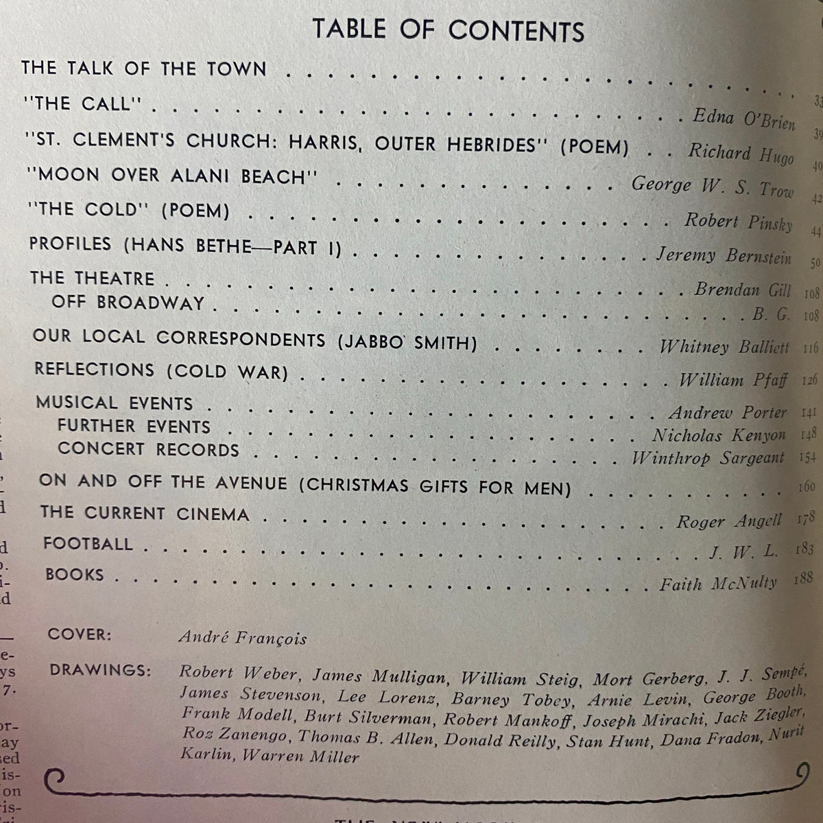 Table of contents page from The New Yorker Full Magazine December 3, 1979, detailing articles, poems, and notable contributors including Edna O'Brien and Richard Hugo.
