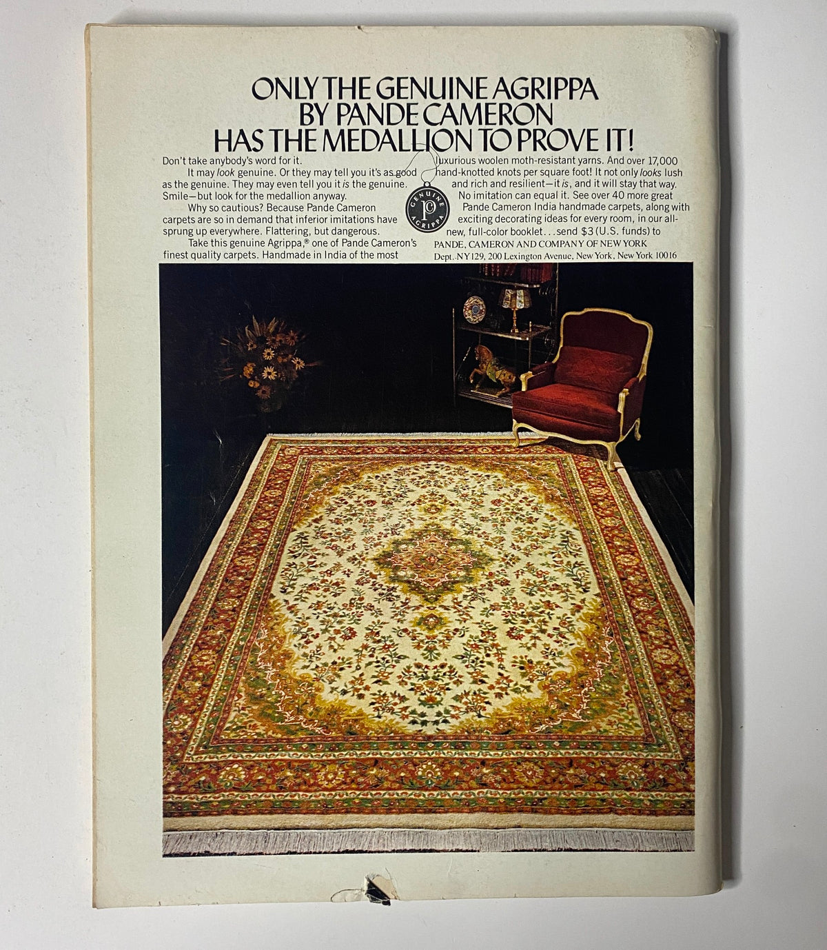 Ad for genuine Agrippa carpets by Pande Cameron in The New Yorker, December 3, 1979, showcasing a luxurious carpet and armchair in a stylish living room setting.