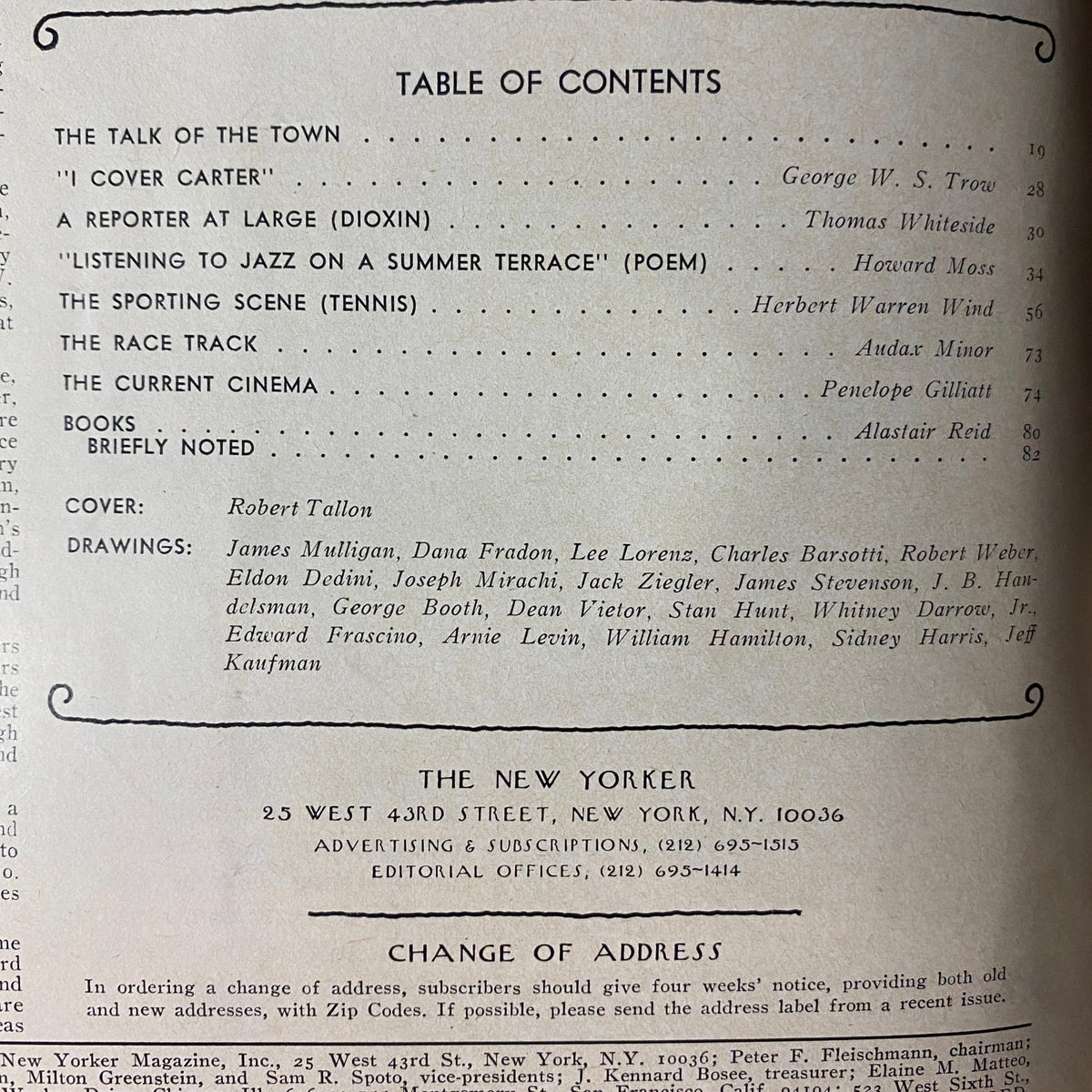 Table of contents from The New Yorker Full Magazine July 25, 1977, listing articles and illustrations, including works by George W. S. Trow and Robert Tallon.
