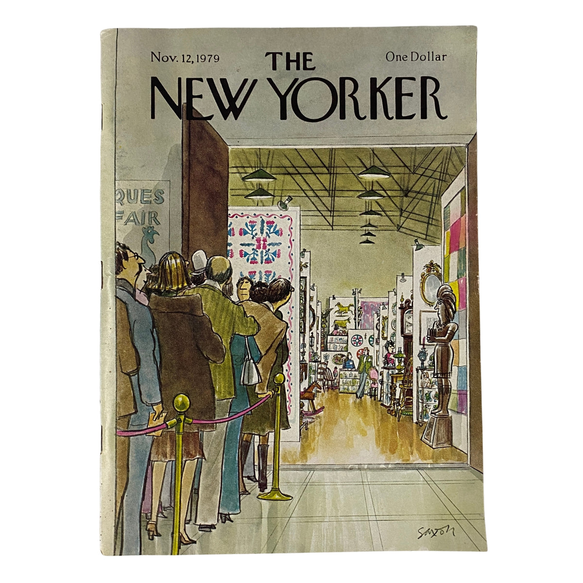 Cover of The New Yorker magazine dated November 12, 1979, illustrated by Charles Saxon, depicting a line of people at an antiques fair.