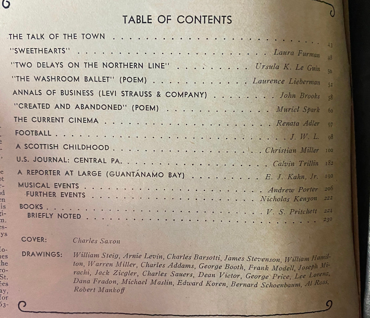 Table of Contents from The New Yorker magazine, November 12, 1979, listing notable articles and features including "Sweethearts" by Laura Furman and "A Reporter at Large: Guantánamo Bay" by E. J. Kahn, Jr.