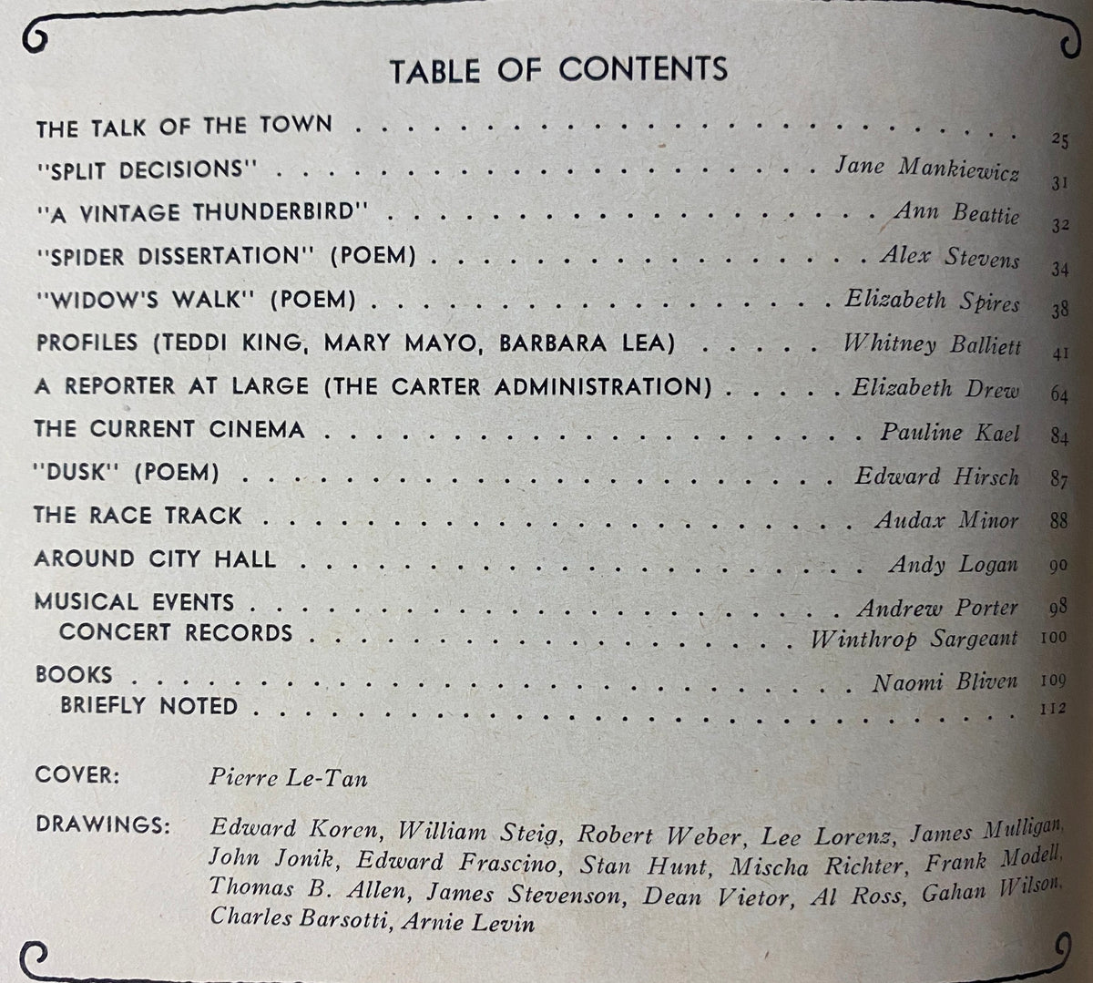 Table of contents from The New Yorker magazine dated February 27, 1978, listing notable features, including contributions from acclaimed authors and various articles.