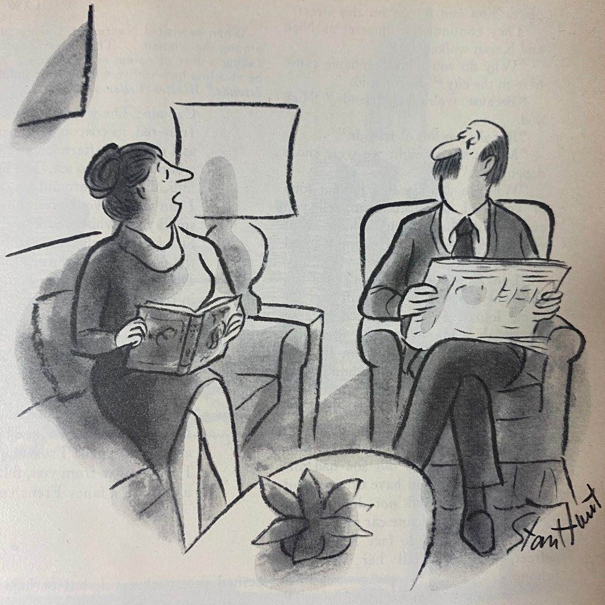 A humorous black and white cartoon from The New Yorker magazine, February 27, 1978, depicting a conversation between two people, illustrating the magazine's cultural commentary.