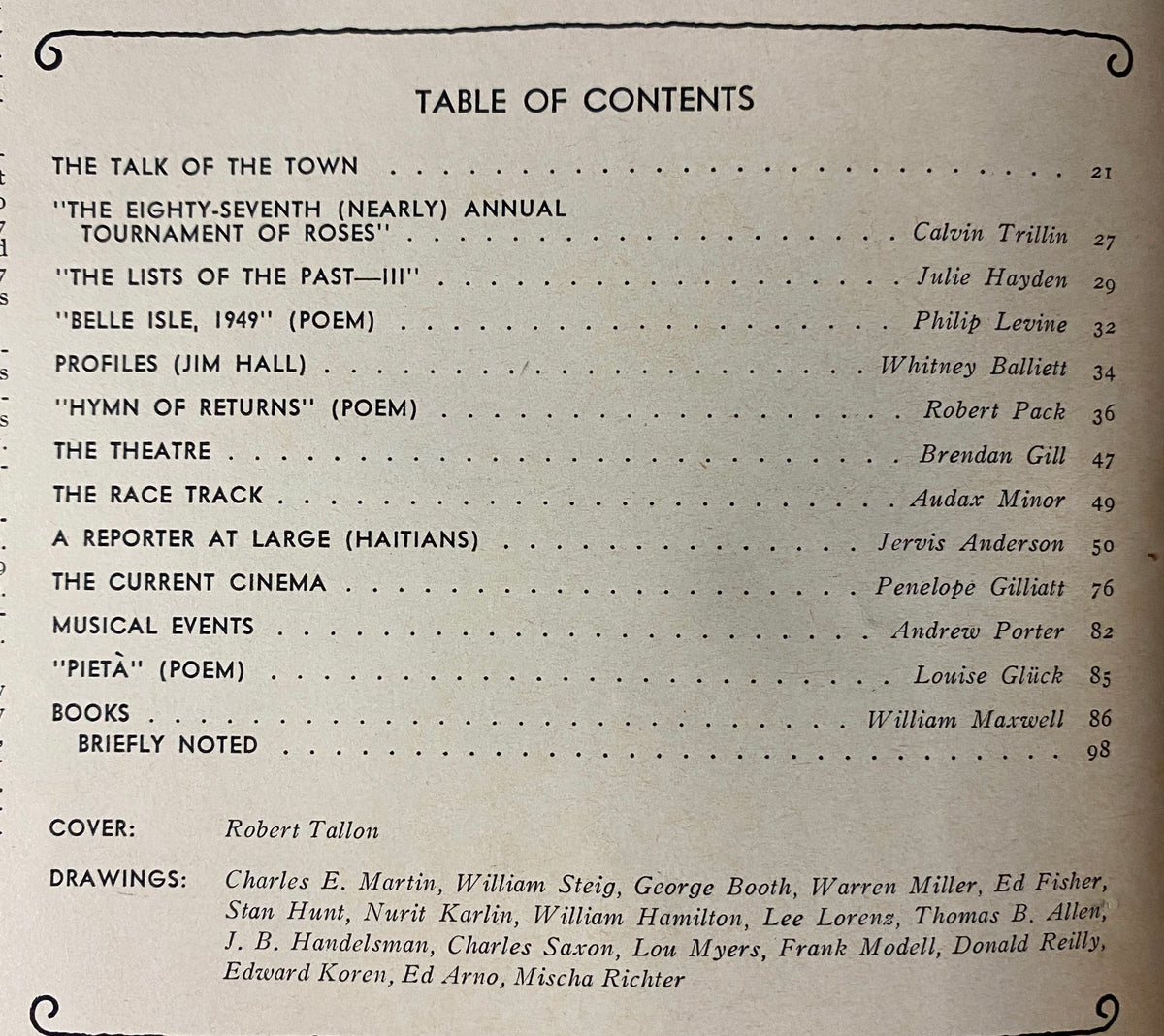 Table of contents page from The New Yorker magazine March 31, 1975, listing articles and contributions including 'The Eighty-Seventh (Nearly) Annual Tournament of Roses' by Calvin Trillin and others.